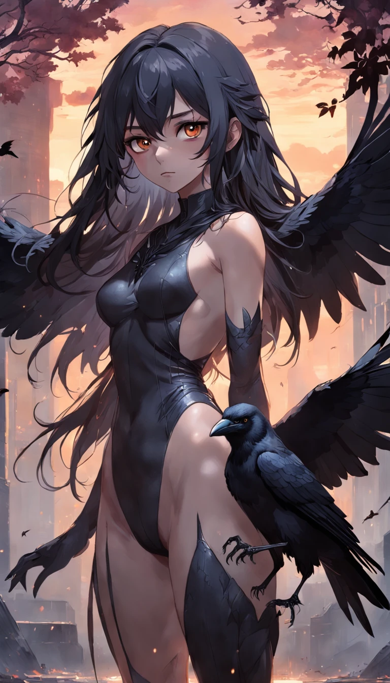 masterpiece, best quality, movie still, 1girl, monstergirl, crow woman, full body, portrait, detailed (eyes), long (hair), perfect body, proportional body, crow|raven wings, deep look, wearing (top and pants), close-up,  cold soft lighting, sunset, (aura:0.7)