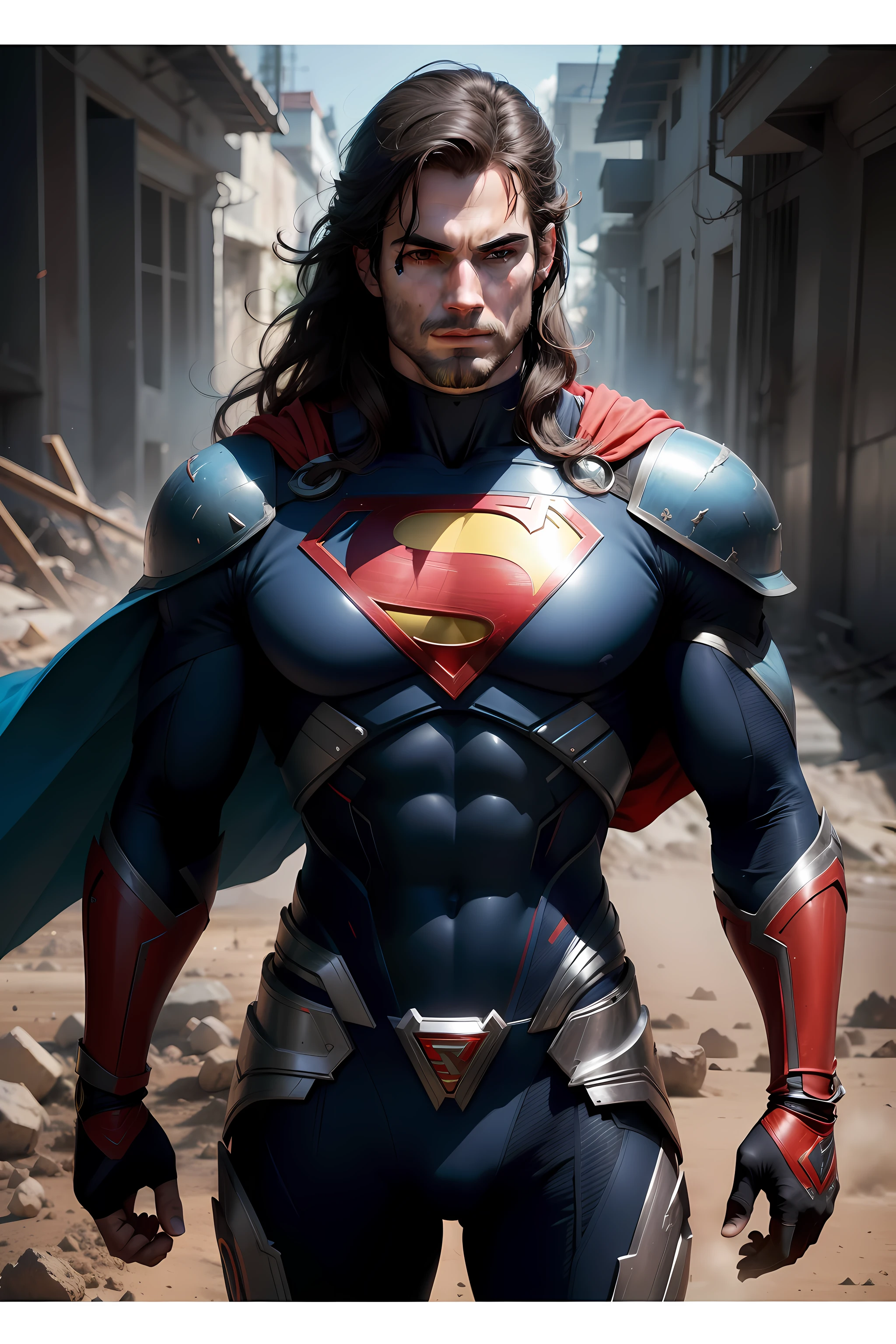 ((alta qualidade, imagem ultrarealista)), homem modelo bonito, henry cavill, capa voando, armadura homem de ferro, simbolo do superman no peito, ((titanio, azul e vermelho)), capa de couro vermelho, musculoso, ((alta resolução, 8k)), Destroyed environment, guerra futurista, (iris de laser vermelho flamejante)