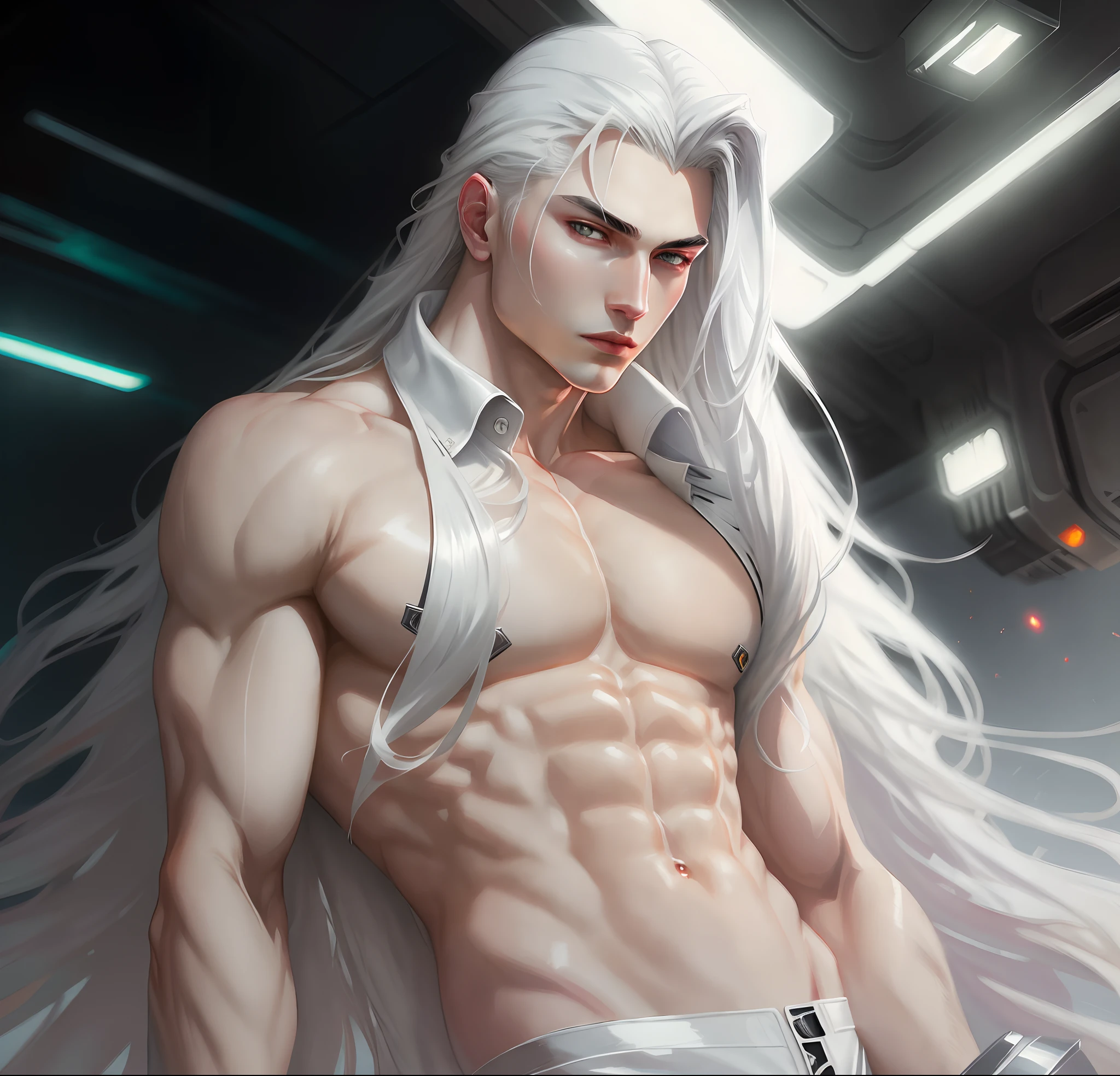 masterpiece, highest quality, (solo focus), (perfect face:1.1), (high detail:1.1),dramatic, 1guy, (pale skin), long white hair, white eyes, light eyebrows, (solo), long hair, moon, night, white luxury suit, covered navel, pouty lips, curvy guy, perfectly drawn face, covered, futuristic city, detailed background, art by artgerm and greg rutkowski, cinematic lighting, roses, fashion, balenciaga, Sephiroth