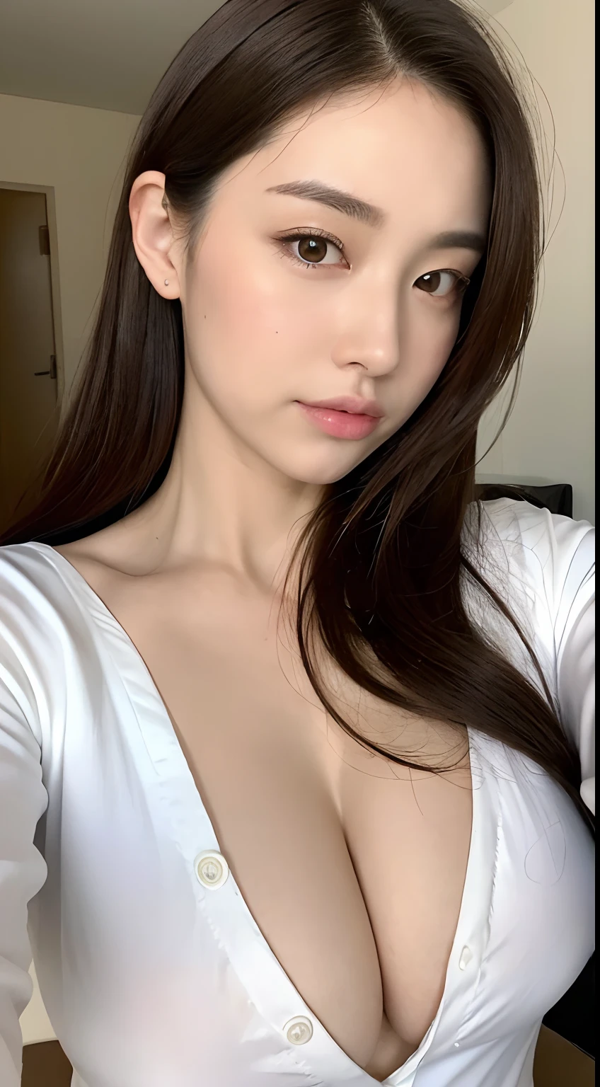 ((top-quality、8k、masterpiece:1.3))、Crisp focus:1.2、Beautiful Women in Perfect Style:1.4、Slender abs:1.2、((Dark brown hair、huge tit:1.2))、(White button-up long shirt:1.1)、on the beds、Highly detailed facial and skin texture、A detailed eye、二重まぶた