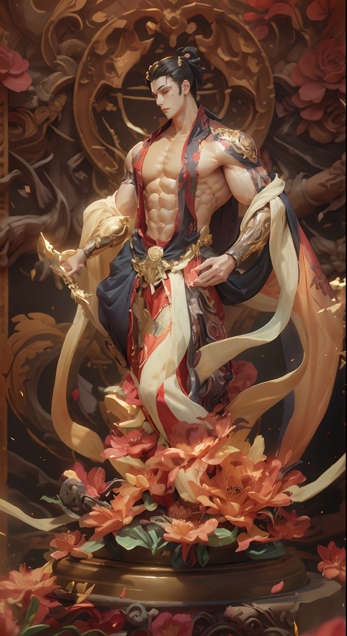 Sculpture design,Figures,GK model,The whole body of the character,base,sexy for,The base is covered with flowers,Handsome,(Exposing the pectoral muscles)Expose muscles,base,Wu Yifan,musculous,Delicate and sophisticated