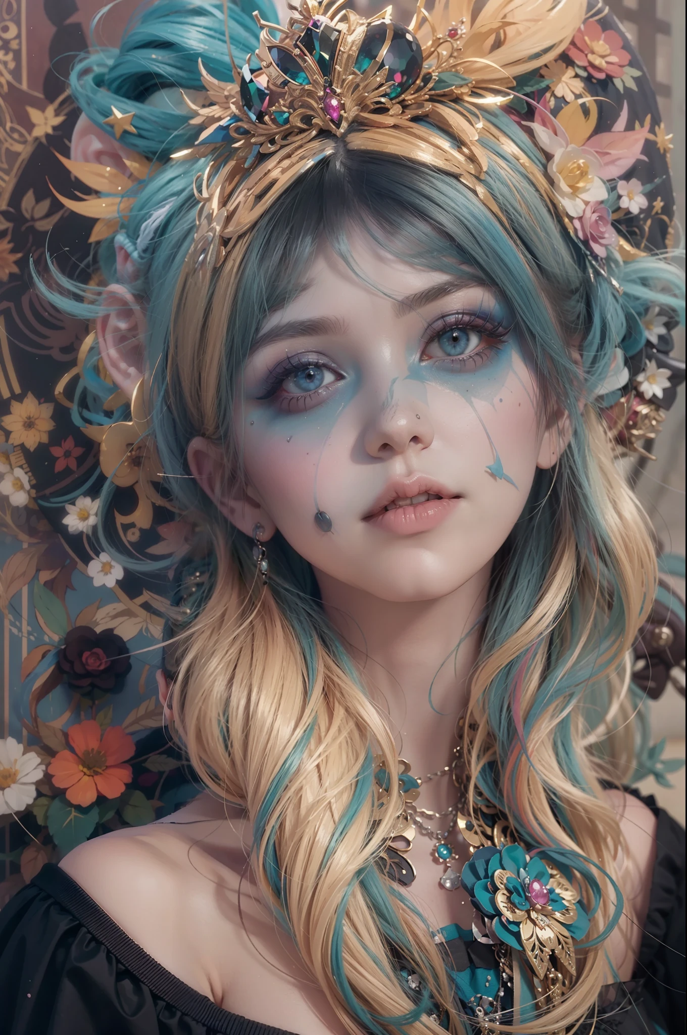 A close up of a woman with blue hair and a flower crown - SeaArt AI