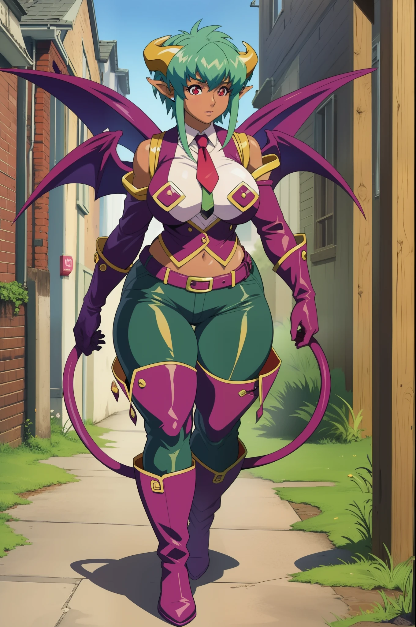 large breasts, thick thighs, vipergts,dark skin,horns,wings,pointy ears,demon girl,demon tail,red eyes, green hair, short hair, , shiny skin,, full body, pants, corsep, pullover,boots,vest, walking, vipergts, compound bows with a bow:1.5,arrow