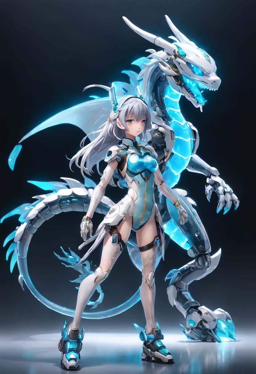 chinesedragon, (blind box toy style:1.2), (Full Body Shot) ,  1 Transparent girl,Behind him is a transparent and  Chinese dragon, Transparent mecha, Exquisite Helmet:1.2, glowing goggles:1.2, Cyberpunk, Dreamy Glow, Luminous neon lamp, clean, white background, ( Global illumination, raytracing, HDR, unreal render,reasonable design, high detailed, masterpiece, best quality, UHD, Cinematic Lighting)