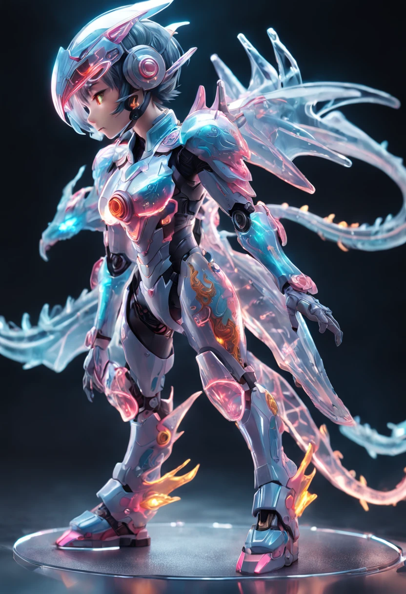 chinesedragon, (Blind box toy style:1.2), (Full body shot) , 1 Transparent girl,Behind him is a transparent Chinese dragon, Transparent mech, Exquisite helmet:1.2, Luminous goggles:1.2, Cyberpunk, dreamy glow, luminous neon lights, Clean, White background, ( Global illumination, Ray traching, hdr, unreal render,reasonable design, high detal, Masterpiece, Best quality, hyper HD, Cinematic lighting)