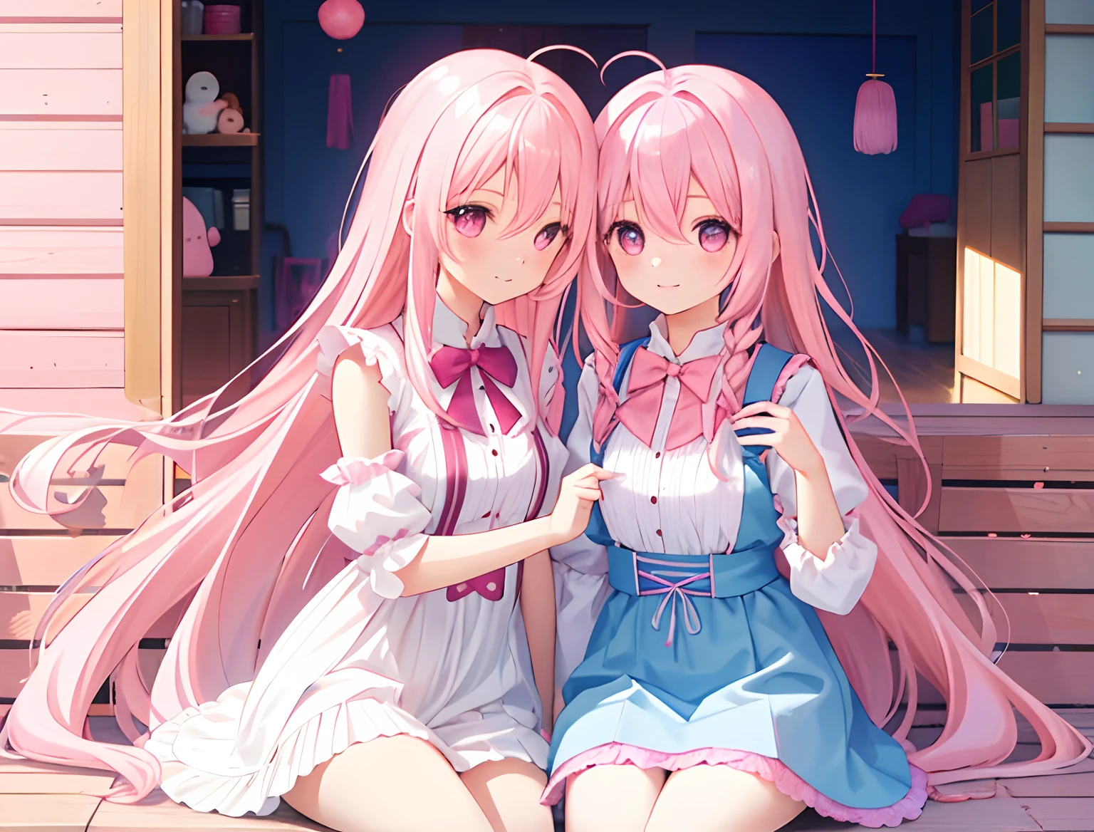 2girls，Girl1：，adolable，A pink-haired，long whitr hair，girl 2：A pink-haired，long whitr hair，Touch each other's chests