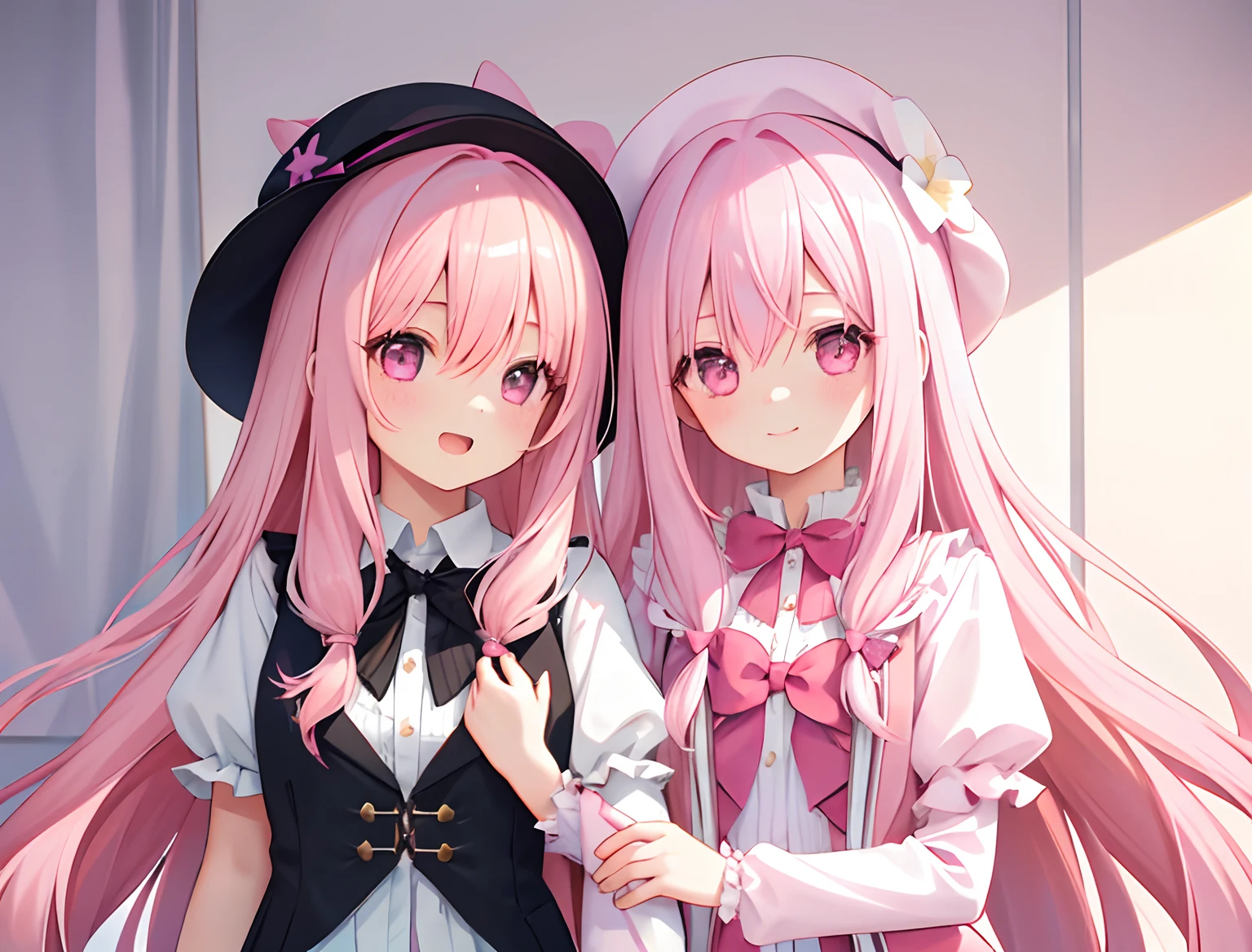 2girls，Girl1：，adolable，A pink-haired，long whitr hair，girl 2：A pink-haired，long whitr hair，Touch each other's chests