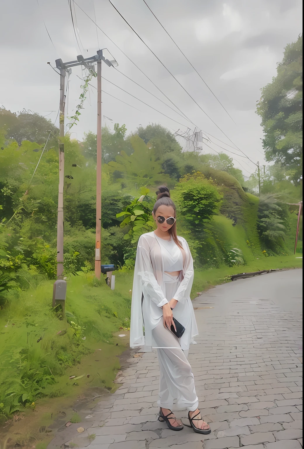 ((Best Quality, 8K, Masterpiece: 1.3)), large breasts , "(tight clothing:1.2) ,see through",(sweaty skin:1.1) , thigh , leggins