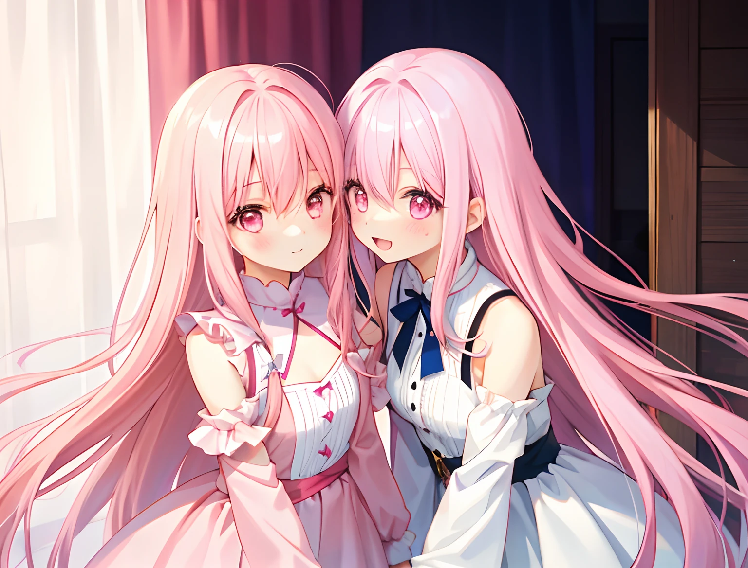 2girls，Girl1：，adolable，A pink-haired，long whitr hair，girl 2：A pink-haired，long whitr hair，Touch each other's chests