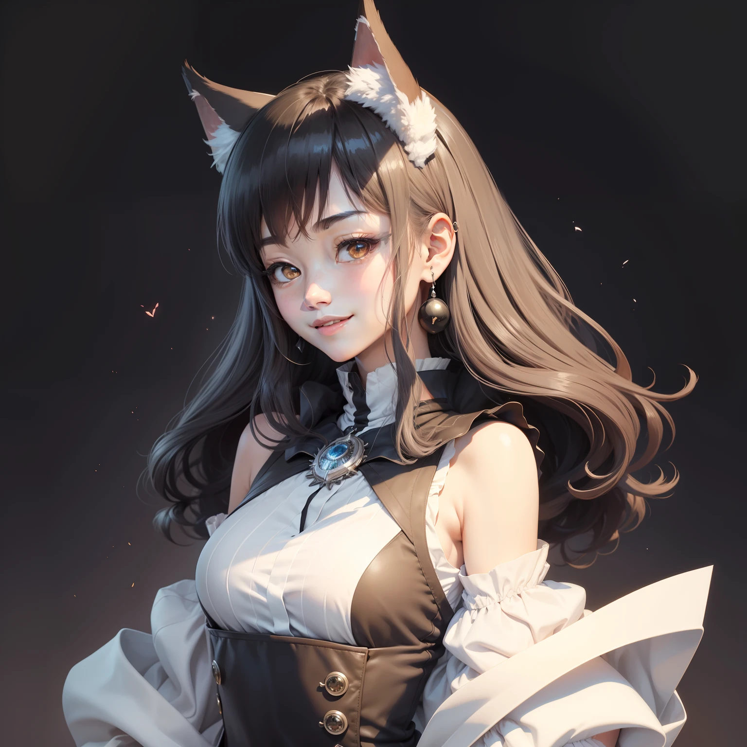 (fuuka_kobayashi:1.0), Painting, 1girll, ??, Animal ear, By bangs, Be red in the face, nedium breasts, brooch, shift dresses, English, Flying sweatdrops, grinning smile, hair between eye, jewely, long whitr hair, longer sleeves, looking at viewert, Large breasts, Mono Color, simple backgound, sketching, ssmile, The upper part of the body, white backgrounid, Wolf ears,Black ears,black color hair