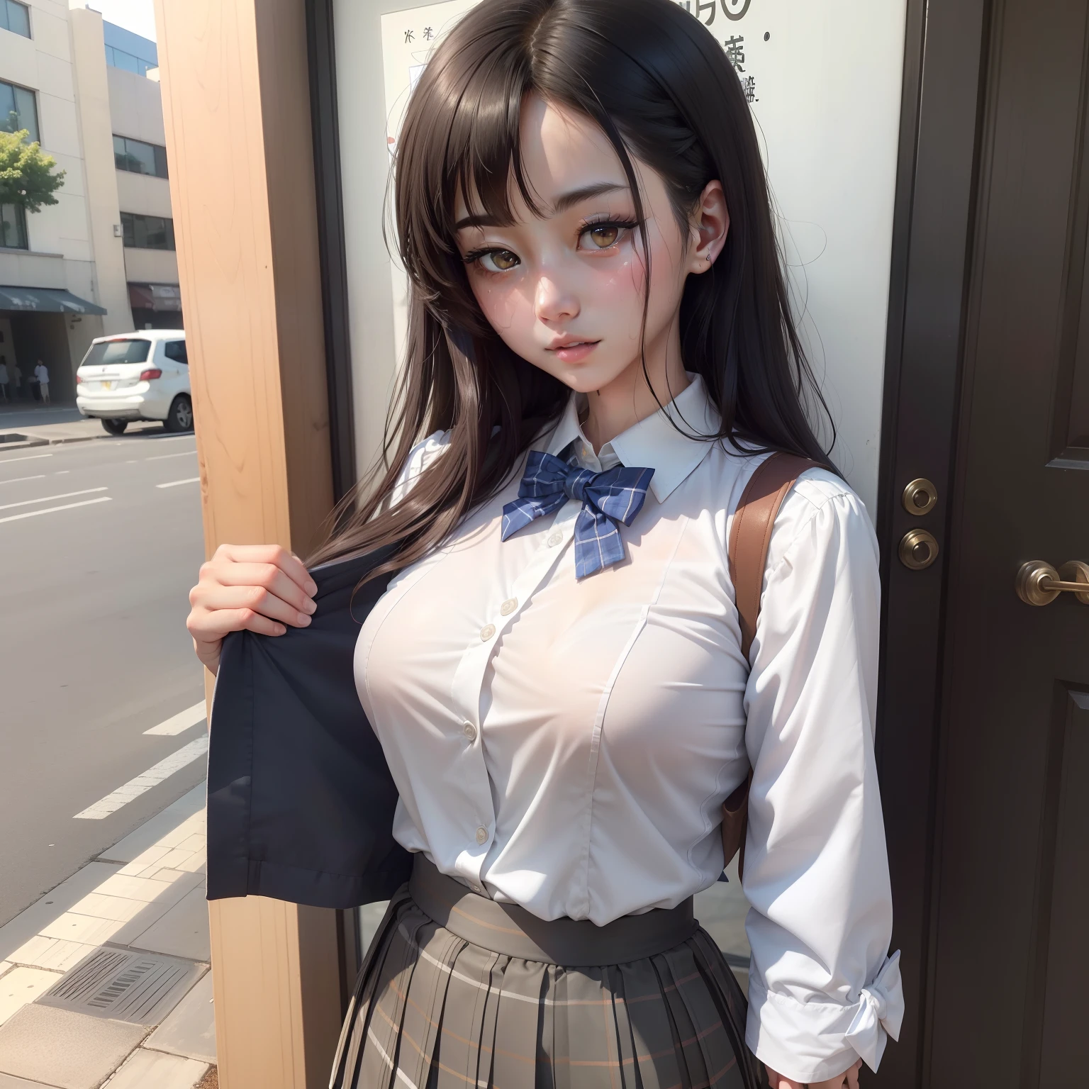 pronpt:
((top-quality、8K、masterpiece:1.3))、foco nítido:1.2、Beautiful schoolgirl in perfect style:1.4、A slender、((A dark-haired、tits out:1.2))、gravure model、(natural soft light、street snap、TOKYOcty、Harajuku:1.1)、Highly detailed facial and skin texture、A detailed eye、二重まぶた、Sweaty、A sexy、((Uniform 1.5))、jk suit plaid skirt pleated skirt shirt bowtie