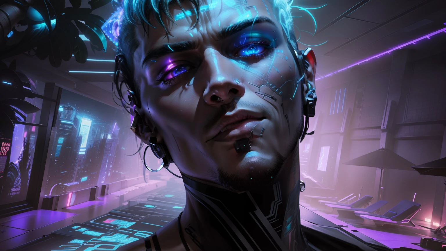 Change background cyberpunk handsome, Futuristic depiction of a perfectly tattooed man with high-tech mechanical prosthetics