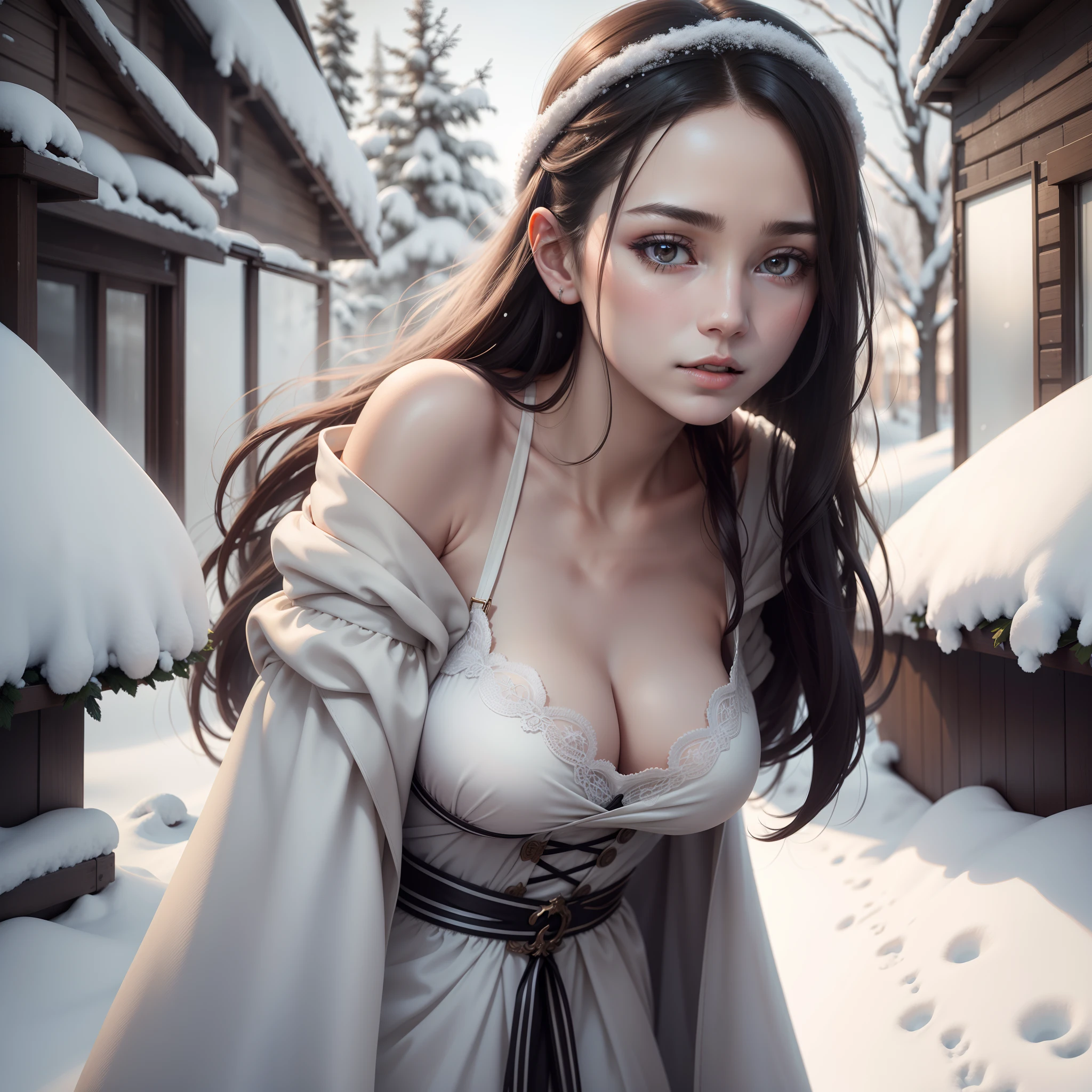 （1 woman with no hanging）Realistic photos of shoulder-length hair，thin makeup，Giant breast size，in snow，Clear facial features，8K high resolution，sharp and realistic details。
