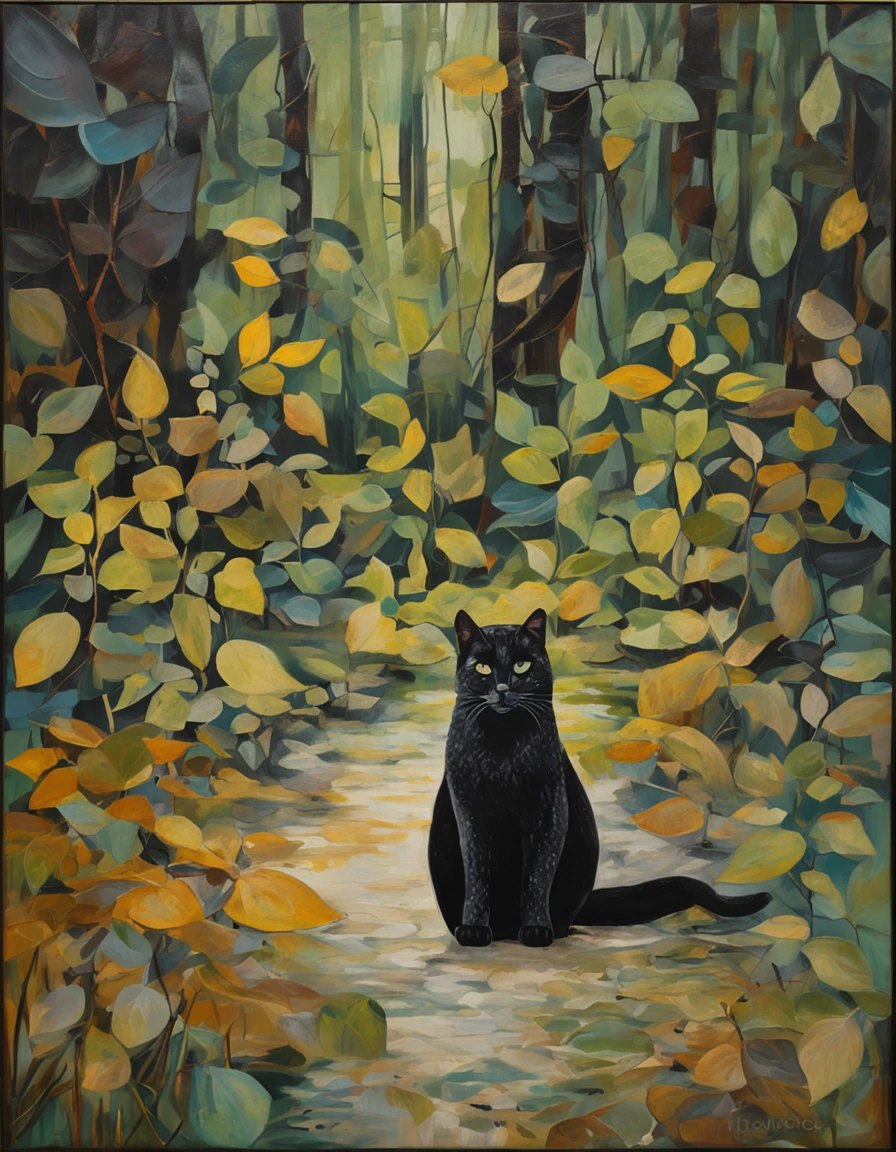 um gato negro e misterioso se esgueirando pelas sombras de uma floresta encantada. The moonlight filtered through the leaves creates magical patterns on the ground, enquanto os olhos brilhantes do gato refletem a lua cheia. The atmosphere is charged with mystery and charm, As if the cat were a keeper of the secrets of the forest. Detailed illustration in black and grayscale, with a focus on textures and magical atmosphere.