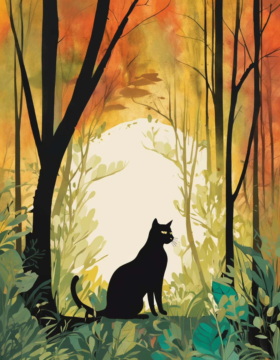 um gato negro e misterioso se esgueirando pelas sombras de uma floresta encantada. The moonlight filtered through the leaves creates magical patterns on the ground, enquanto os olhos brilhantes do gato refletem a lua cheia. The atmosphere is charged with mystery and charm, As if the cat were a keeper of the secrets of the forest. Detailed illustration in black and grayscale, with a focus on textures and magical atmosphere.