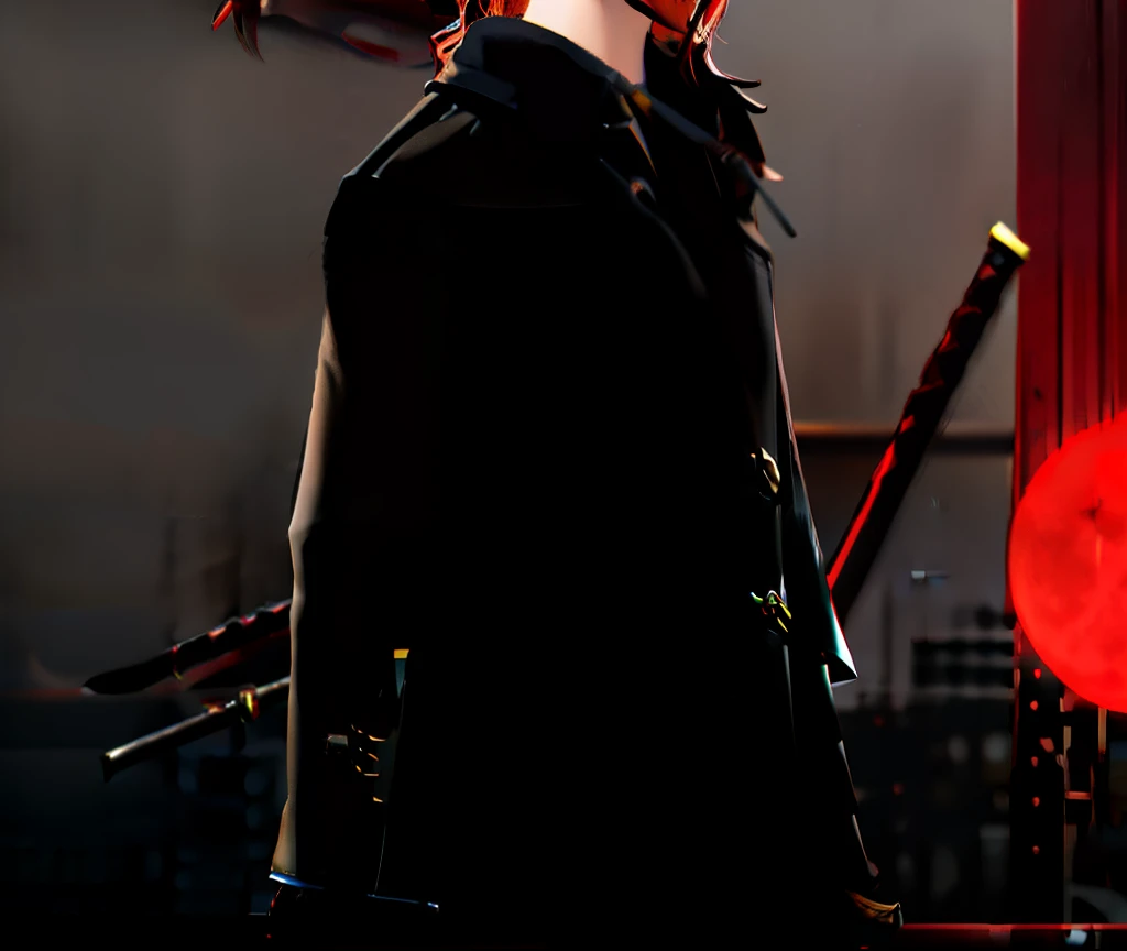 brunette color hair,Black trench coat,holding knives,katana swords,Red Moon