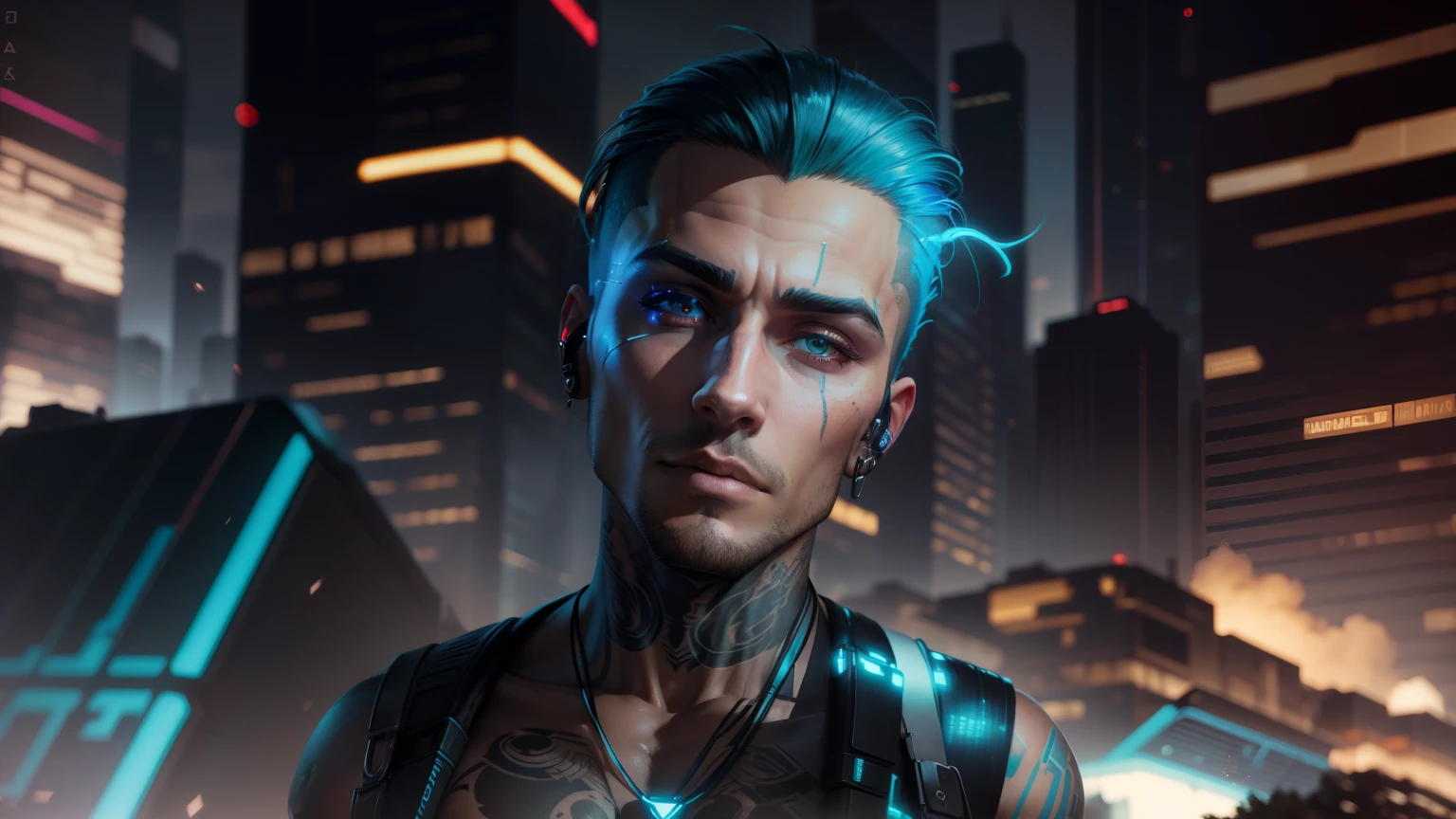 Change background cyberpunk handsome, Futuristic depiction of a perfectly tattooed man with high-tech mechanical prosthetics