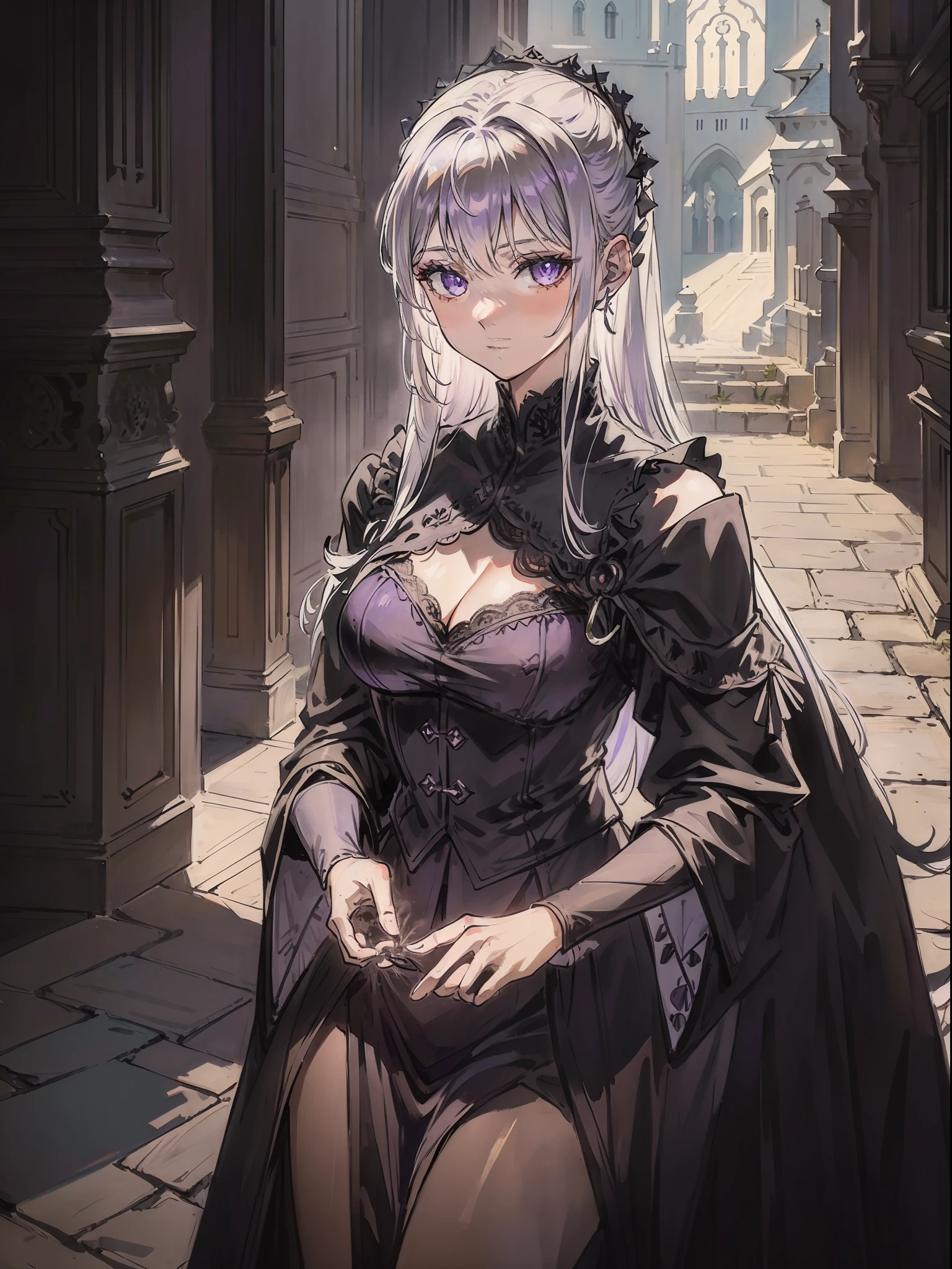 Silvery-white hair,Purple eye,Black dress,Lace,Holding the black cat,Shoulders exposed,Middle Ages,Castle,Contre-Jour,Cinematic texture,Light and shadow changes,Pull half of your body closer