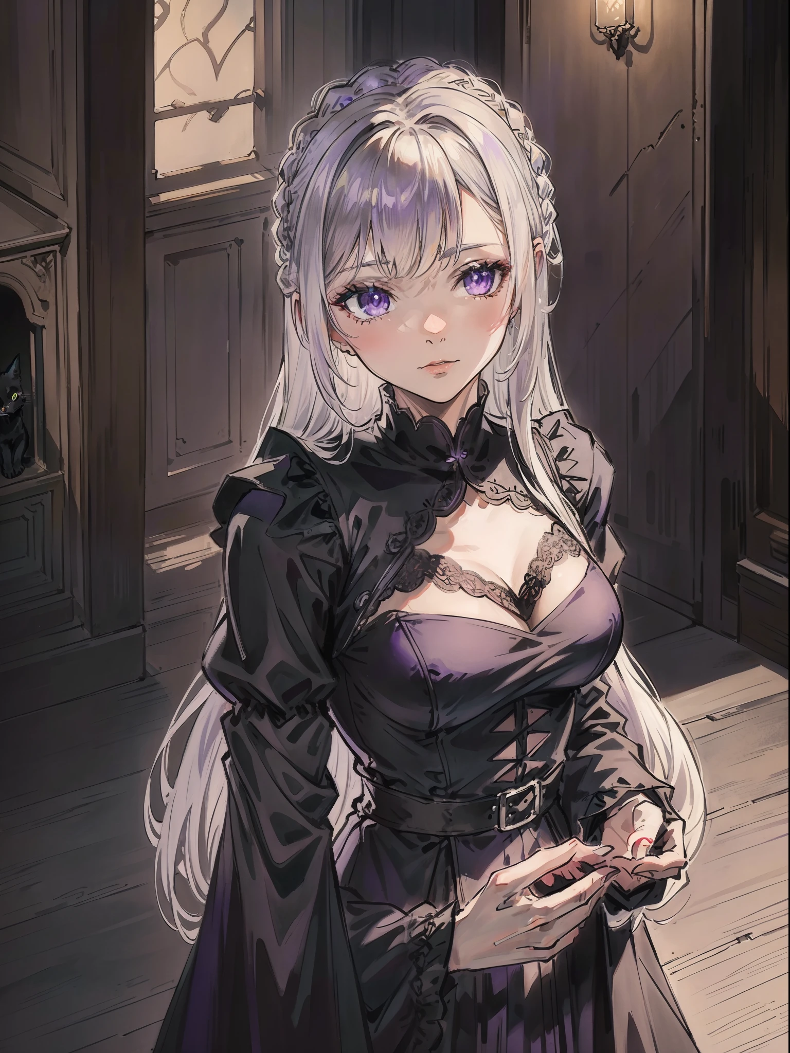 Silvery-white hair,Purple eye,Black dress,Lace,Holding the black cat,Shoulders exposed,Middle Ages,Castle,Contre-Jour,Cinematic texture,Light and shadow changes,Pull half of your body closer