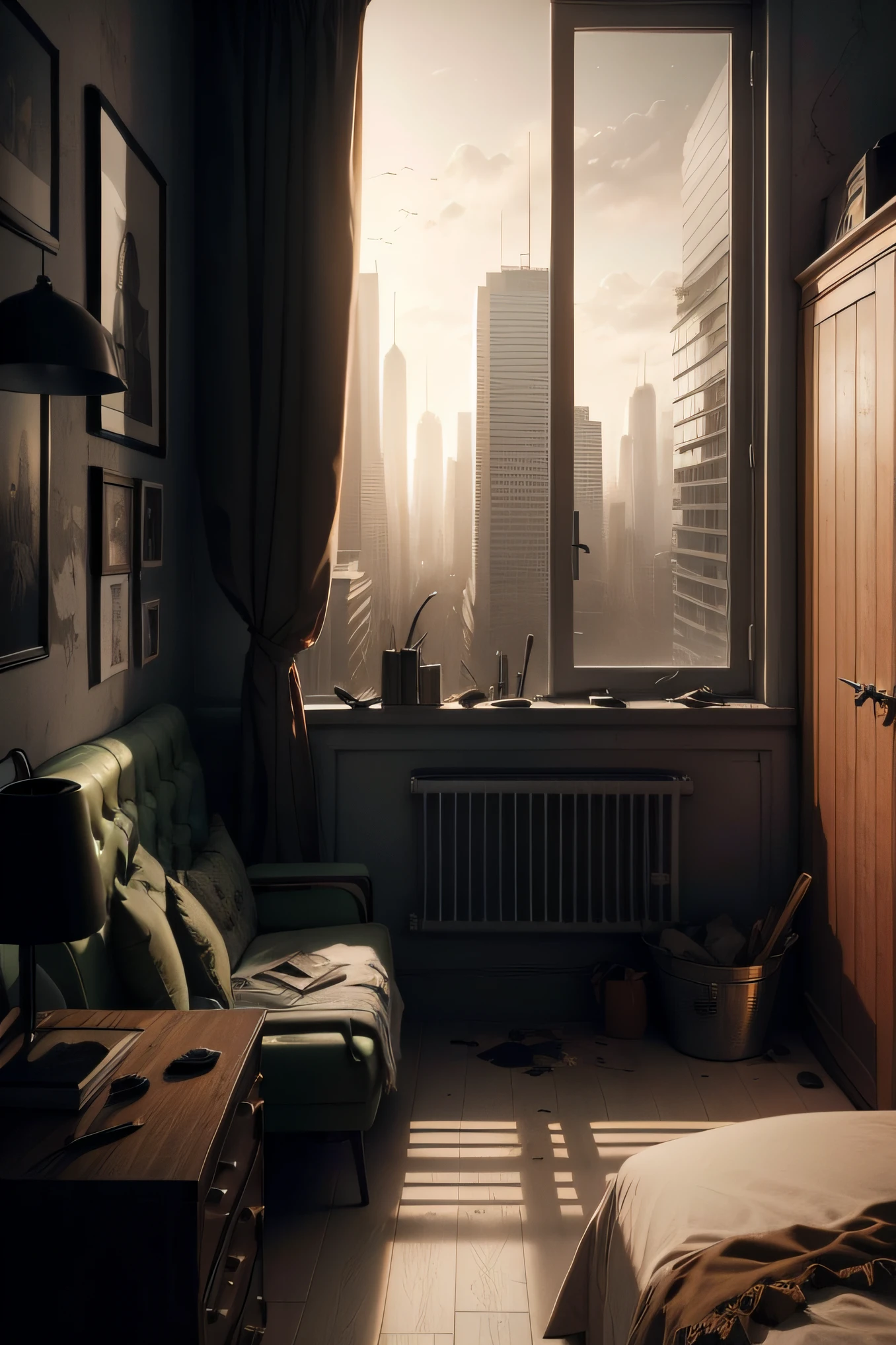 design chambre post apocalyptique avec un mood reposant, having a view of a zombie-filled city through the window