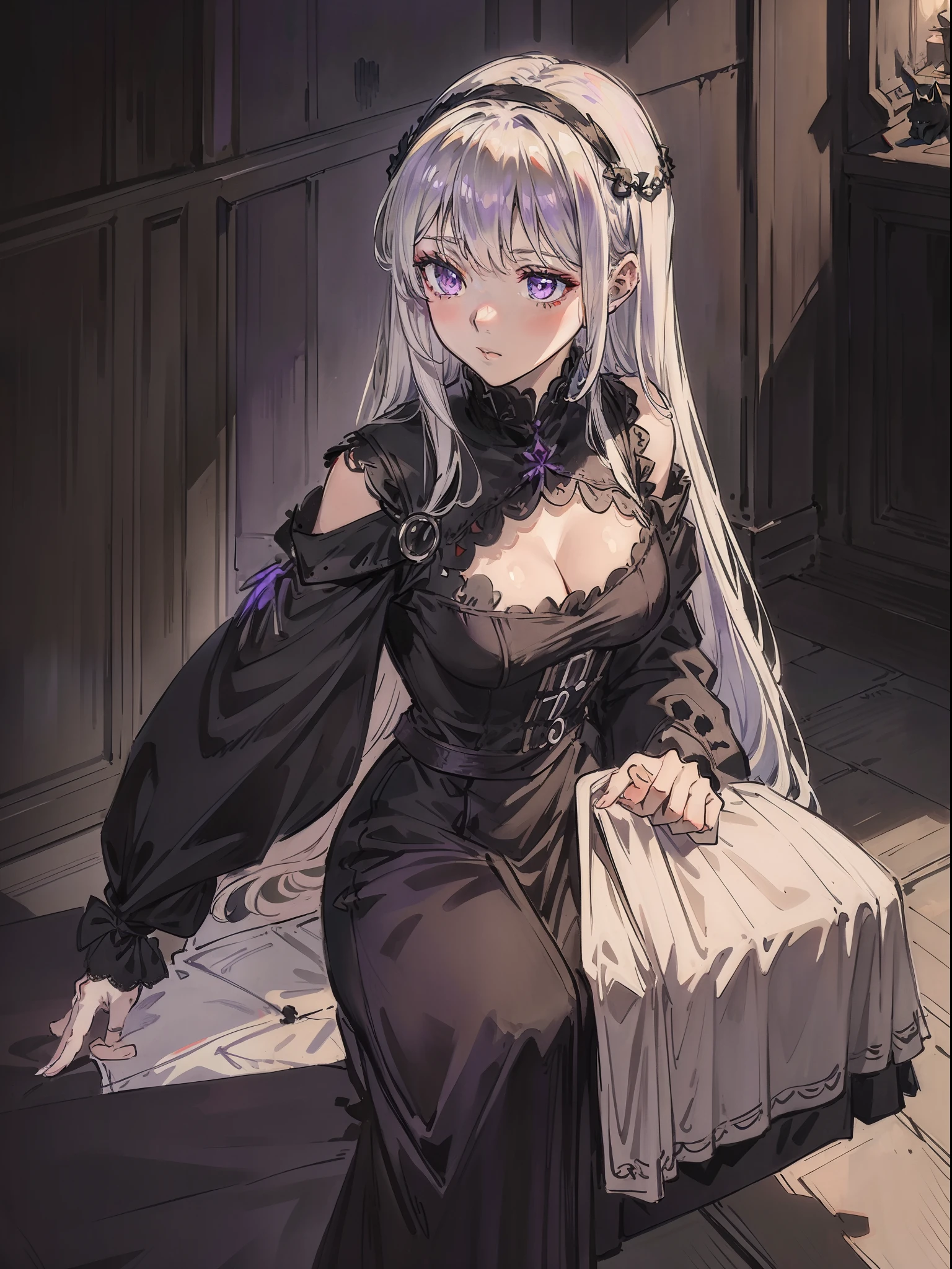 Silvery-white hair,Purple eye,Black dress,Lace,Holding the black cat,Shoulders exposed,Middle Ages,Castle,Contre-Jour,Cinematic texture,Light and shadow changes,Pull half of your body closer