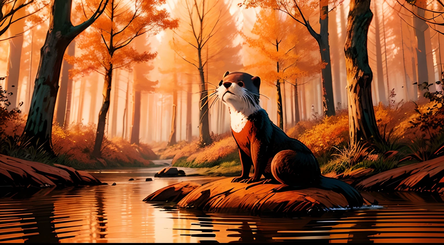 There's an otter in the middle of the forest, trees with slightly orange color recalling autumn, lontra brincando --auto