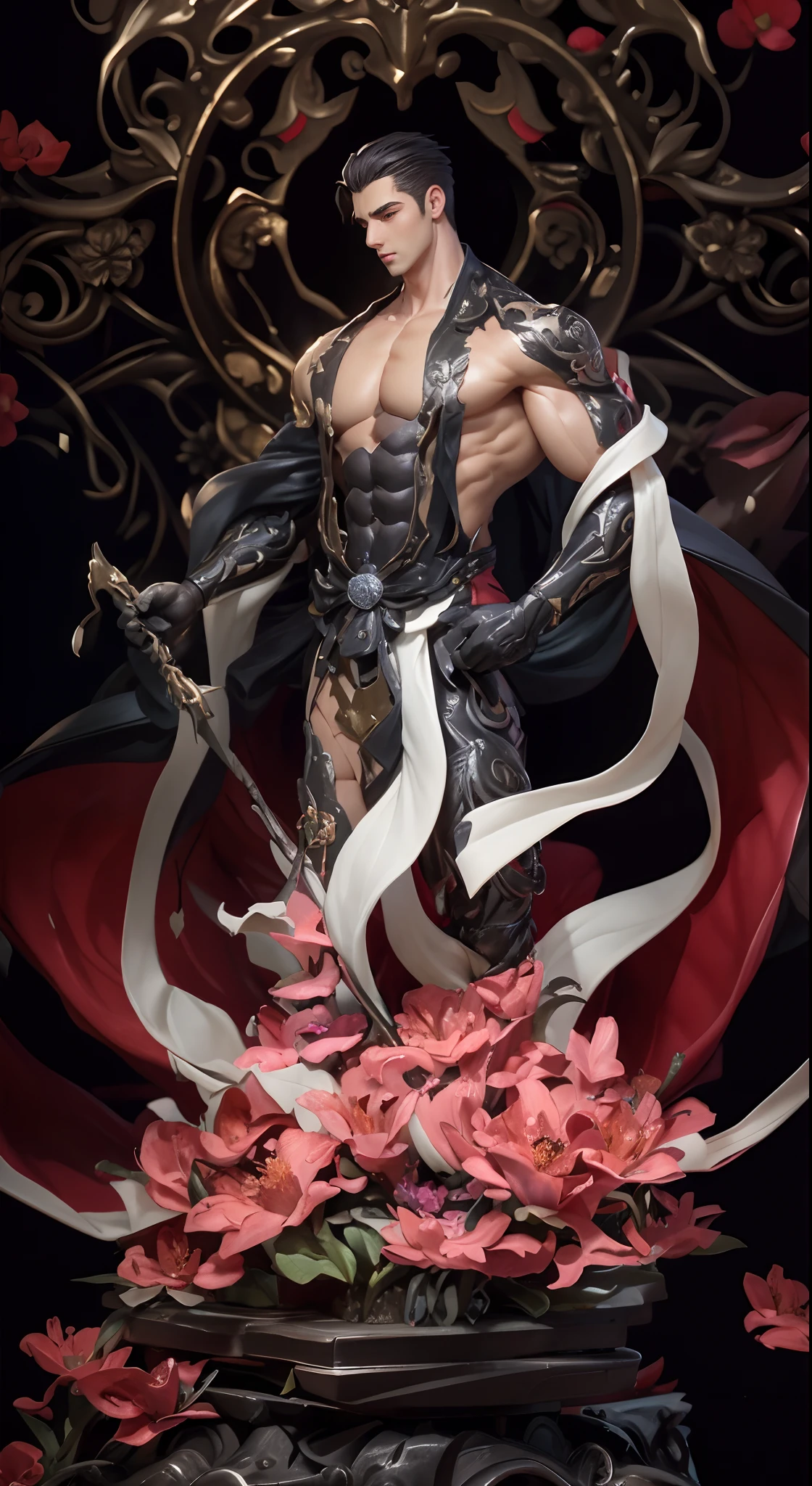 Sculpture design,Figures,GK model,The whole body of the character,base,sexy for,The base is covered with flowers,Handsome,(Exposing the pectoral muscles)Expose muscles,base,Wu Yifan,musculous,Delicate and sophisticated