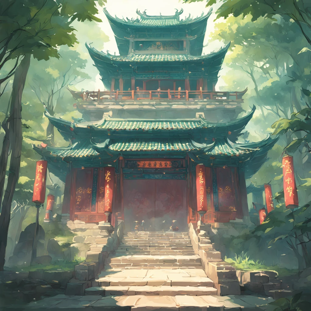 Ancient Chinese architecture，Temples halfway up the mountain，Lush vegetation