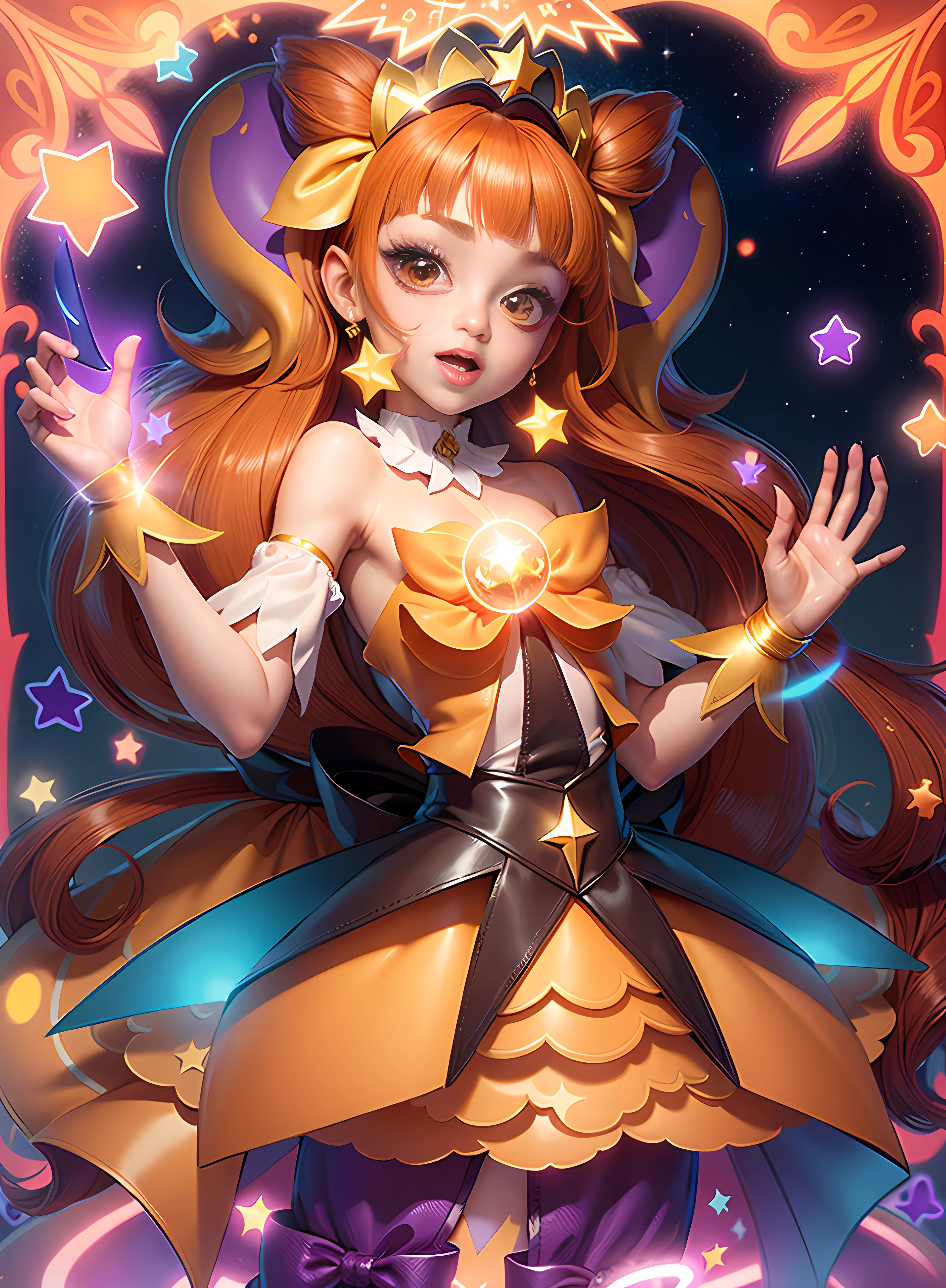 Cartoon image of a man in a dress with a star on his head, Official art, Sparkling Magical Boy, official artwork, Prince in anime, hq artwork, Bright Demon, fanart, He has long orange-brown hair. Beautiful, Orange and yellow and violet costume, An orange halo around his head, marin kitagawa fanart, Star Sparkle, Magical shiny skin, Dress Up Darling Anime, Promotional Art