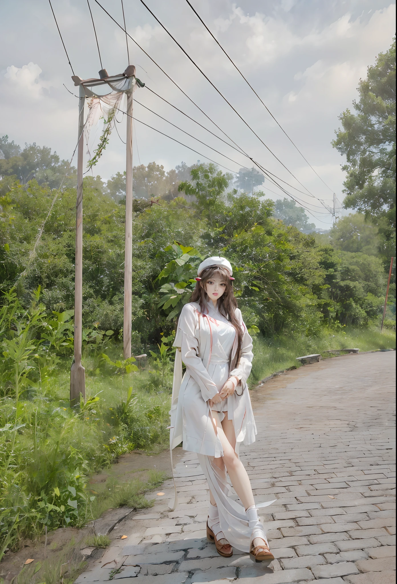 photorealistic, high resolution, 1 girl, hips up, long hair, beautiful eyes,hat_flower, top hat, brown_hair, closed_mouth, hibiscus, red_rose, spider_lily, bangs, brown dress coat, shorts, thick thighs, hu tao \(genshin impact\