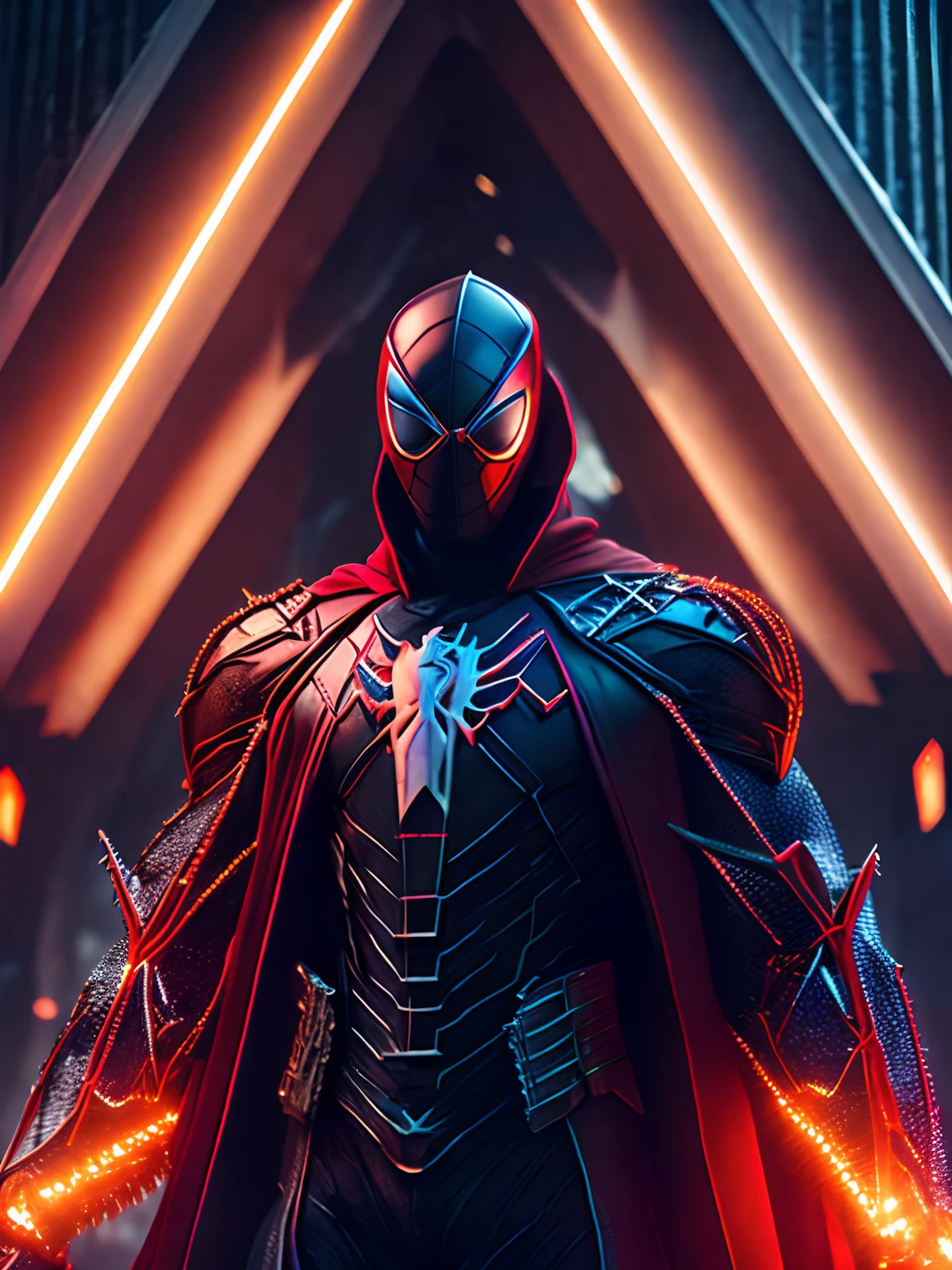 a somber portrait of Marvel's Ghost Rider Spider-Manfrom, with intricate angular cybernetic implants inside a brutalist building, gothic brutalist cathedral, cyberpunk, award-winning photo, bokeh, neon lights, cybernetic limb