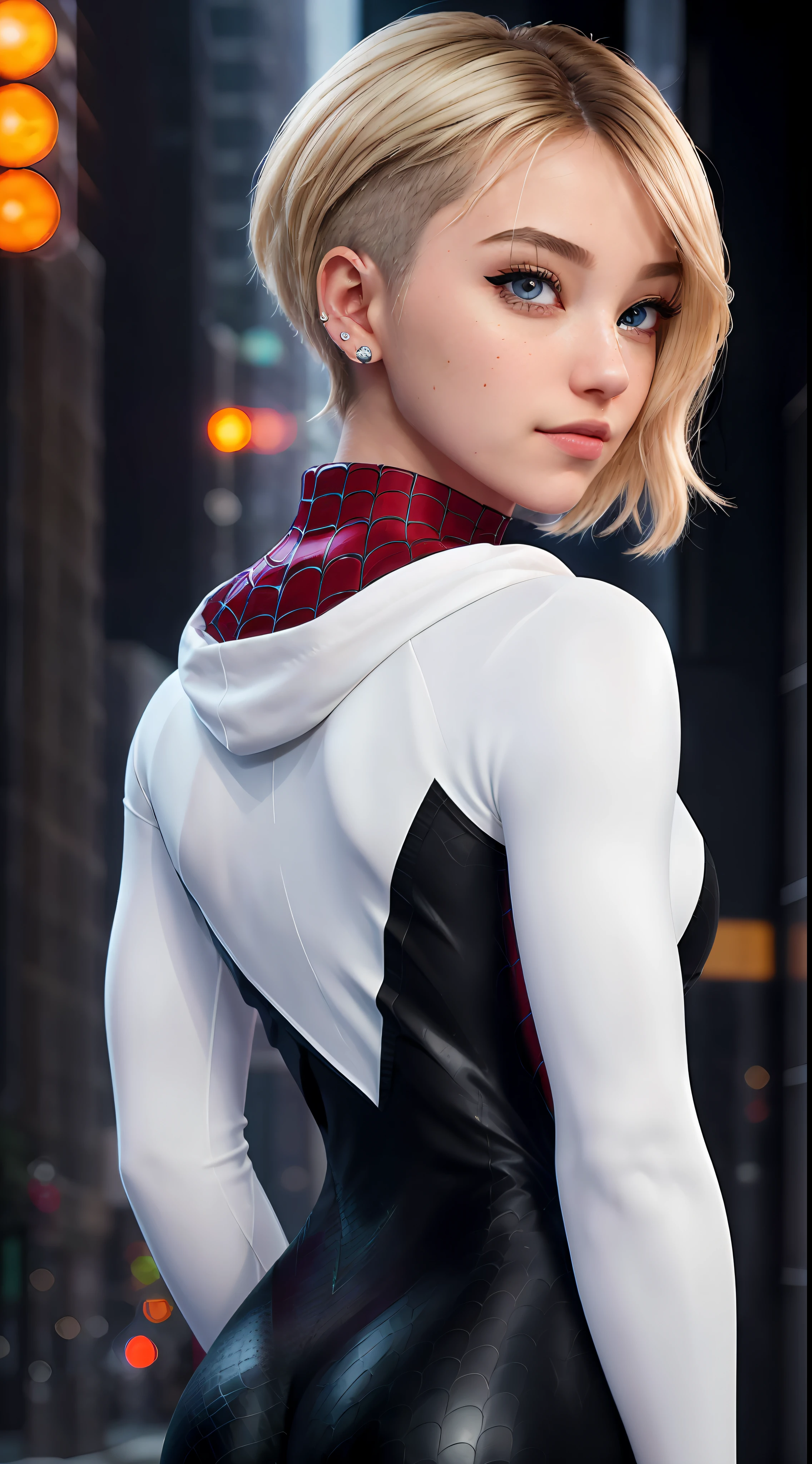 (masterpiece), ((best quality)), parted lips, arms crossed, light_smile, cinematic lighting, ultra-realistic, ((realistic)), (gwen_stacy), blonde_hair, short_hair, solo, sidecut, asymmetrical_hair, parted_lips, eyebrow_piercing, (detailed face), beautiful 1girl, 1girl, looking at viewer, (beautiful detailed eyes), bodysuit, spider-suit, white sweater, portrait, upper_body, (side of head shaved), (large breasts), ((shot from behind)), peach shaped ass