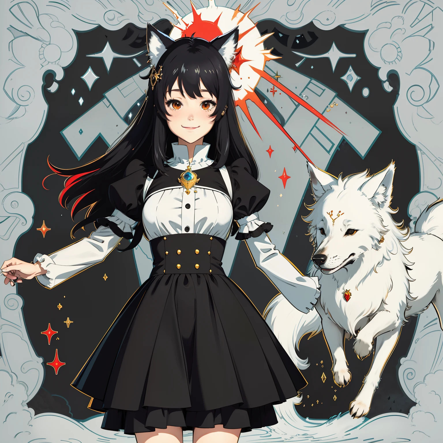 (fuuka_kobayashi:1.0), Painting, 1girll, ??, Animal ear, By bangs, Be red in the face, nedium breasts, brooch, shift dresses, English, Flying sweatdrops, grinning smile, hair between eye, jewely, long whitr hair, longer sleeves, looking at viewert, mediuml breasts, Mono Color, simple backgound, sketching, ssmile, The upper part of the body, white backgrounid, Wolf ears,Black ears,black color hair