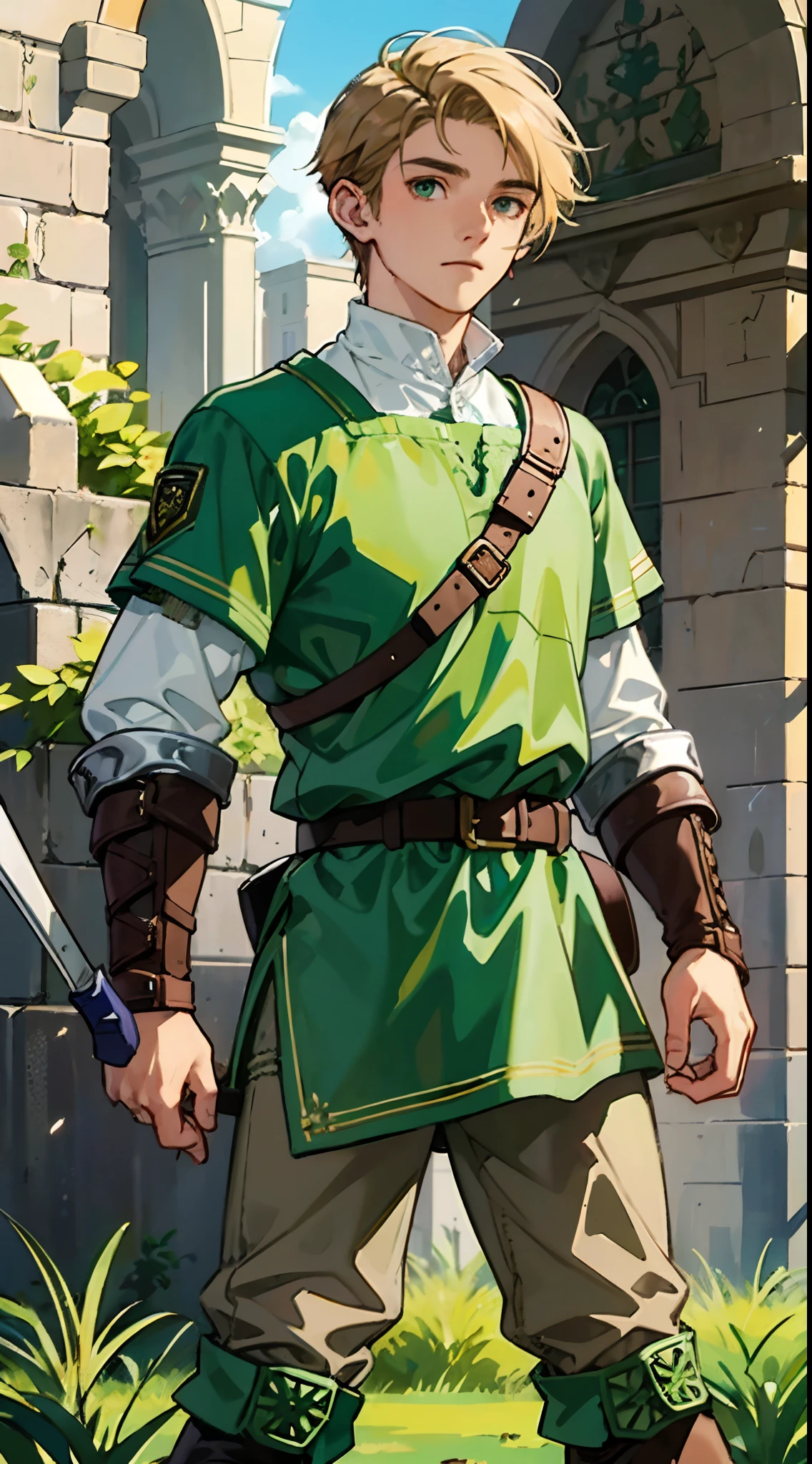 a 19-year-old boy, 1 boy, brown short hair, blonde short hair parted in the middle, man's short hair, without a beard, without a goatee, no facial hair, silver and green colored medieval knight armor, green clothes, war, battlefield, link,(combat boots)