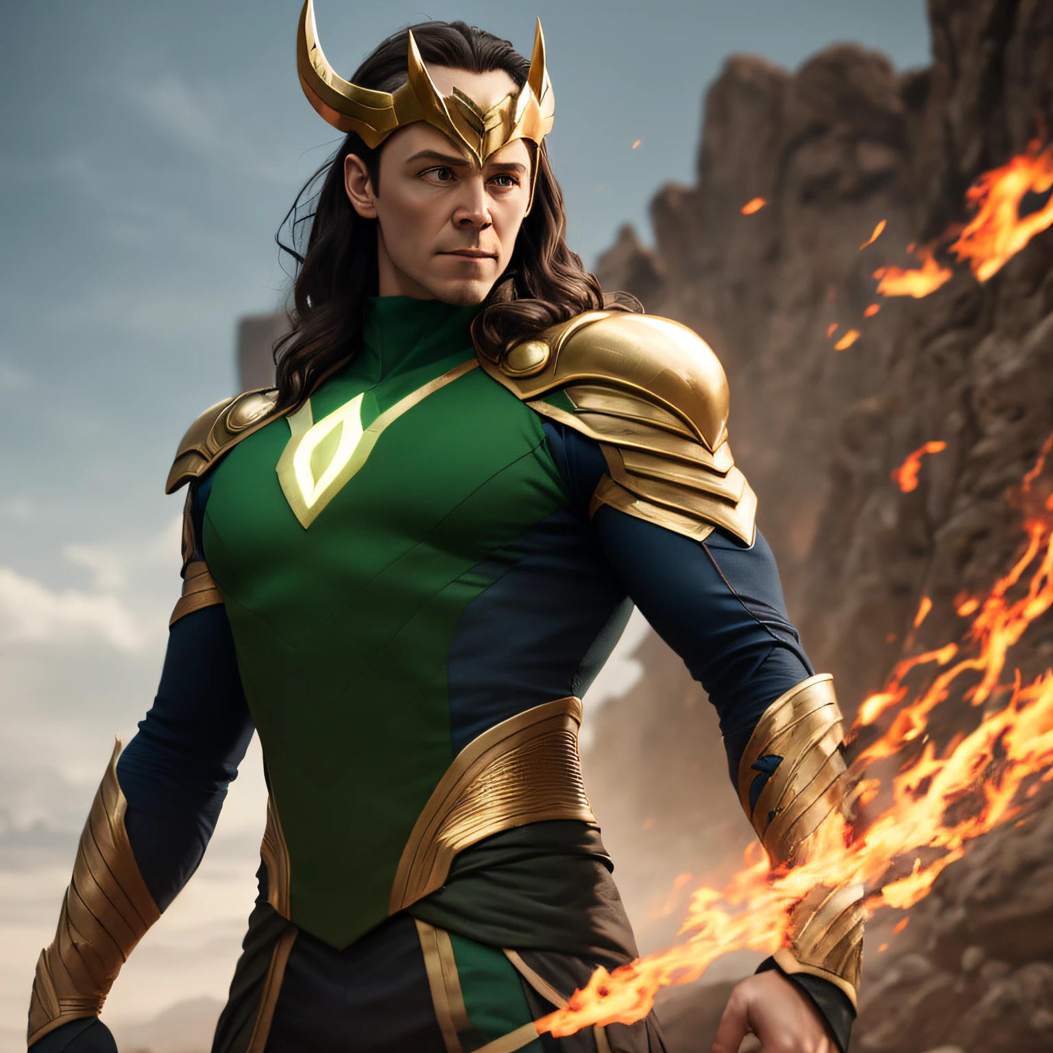 (8k, RAW photo, best quality, masterpiece: 1.2), ultra detailed, official art, photo-realistic: 1.37, upper body shot, loki, film grain, action pose --auto