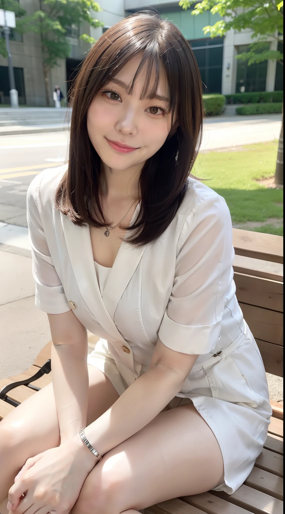 {{8K picture quality:2}}、{{An ultra-high picture quality:2}}、{{Ultra-realistic}}、{{超A high resolution}}、Perfect and realistic photos、{{A Japanese Lady}}、NSFW、{{1femele}}、{{Solo}}、light Brown bob cut、Sitting on a park bench、one leg slightly forward、Sit with your back to the backrest、View from the left、Face facing forward、POV image、a smile、with blush cheeks、Tilt your head slightly、Right hand above knee、Extend your left hand with your palm facing up、Light gray business suit、White blouses、Beige shiny panty stockinged、Silver bracelet、Silver necklace、{Don't wear socks}、pumps、Park with bright sunshine、