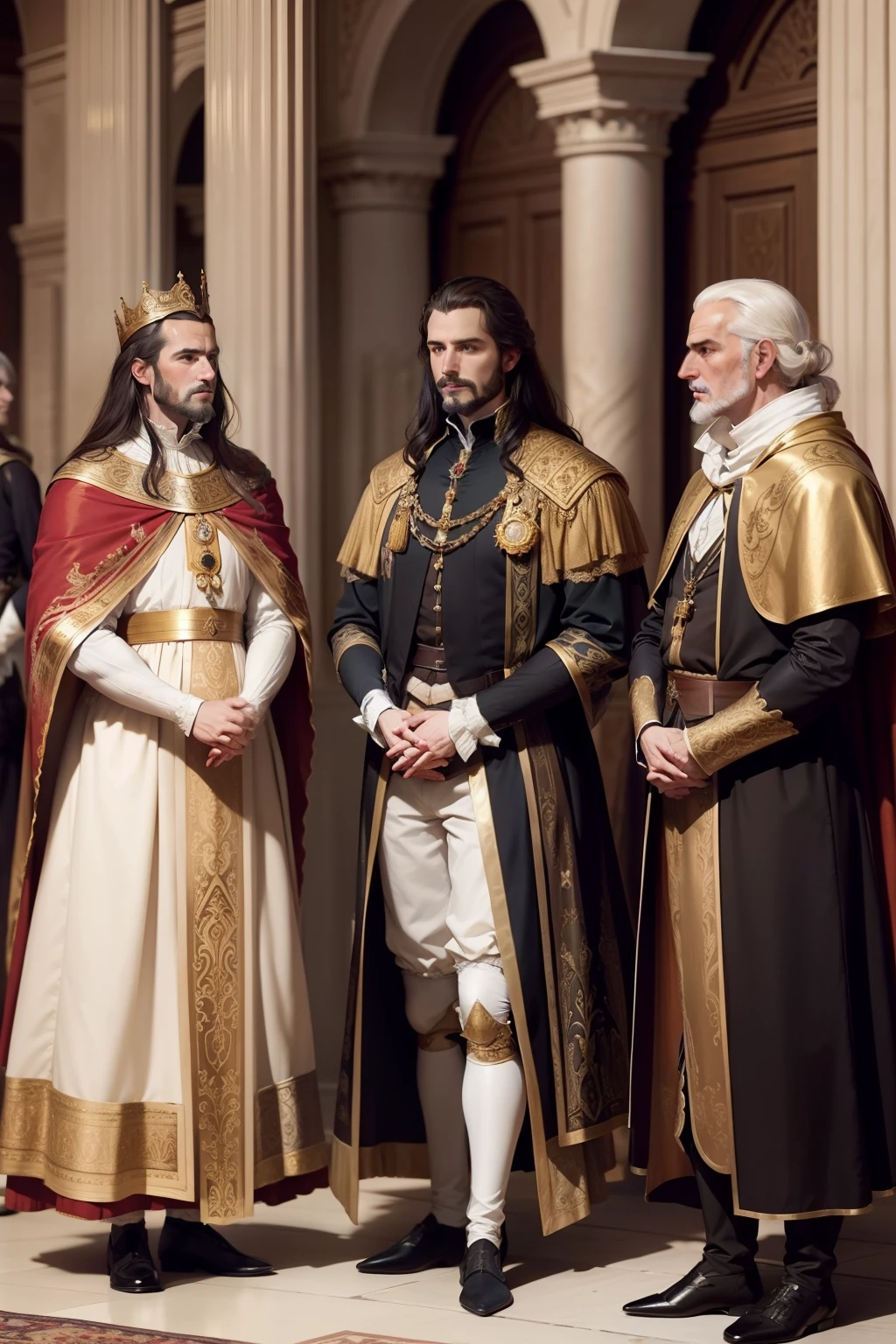 Nobles of Spain in the eighteenth century, gathered in a sumptuous hall.