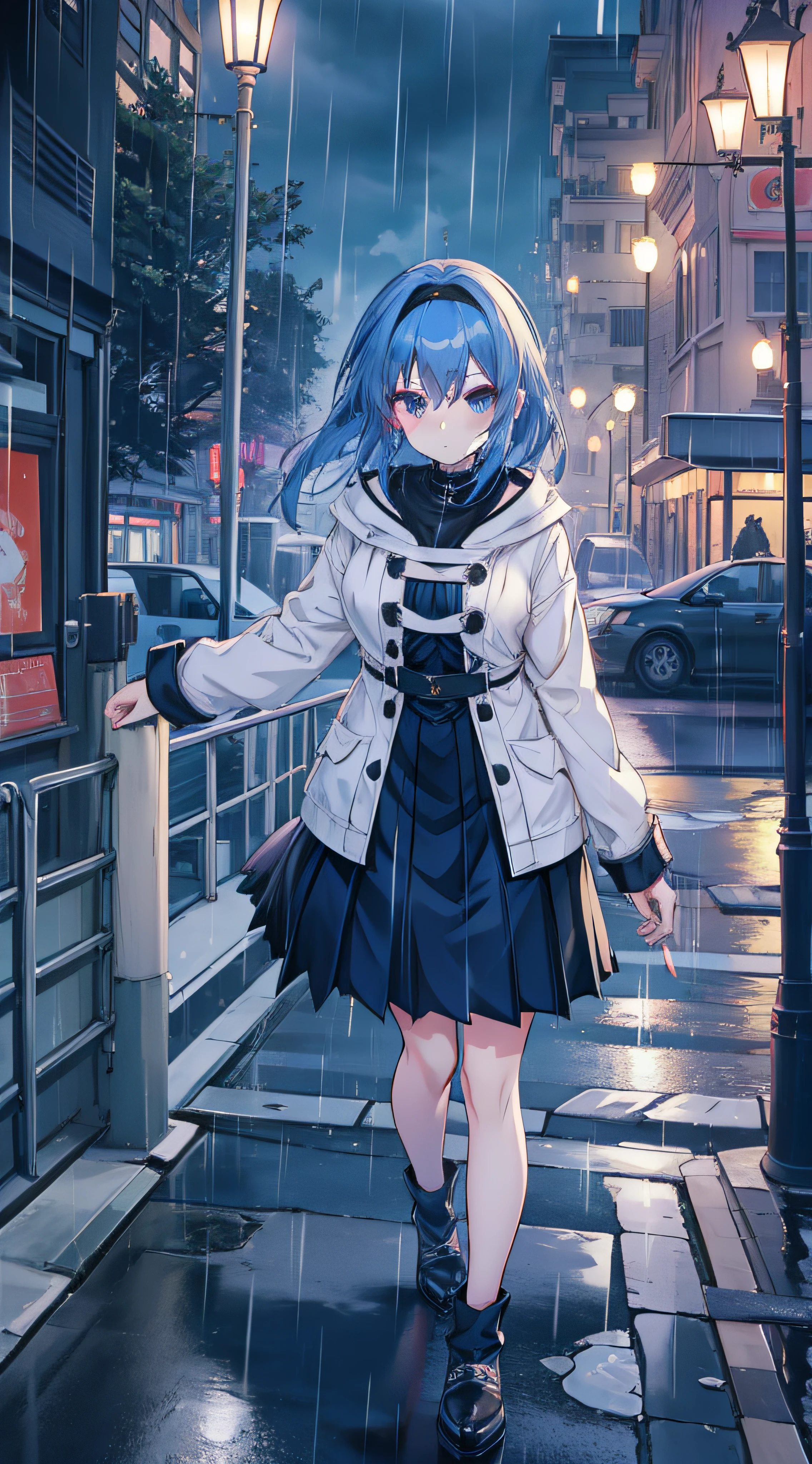 anime girl, alone, blue hair, medium length hair, headband, shaded pleated skirt, park, winter, night, streetlight, gothic dress, rain, umbrella