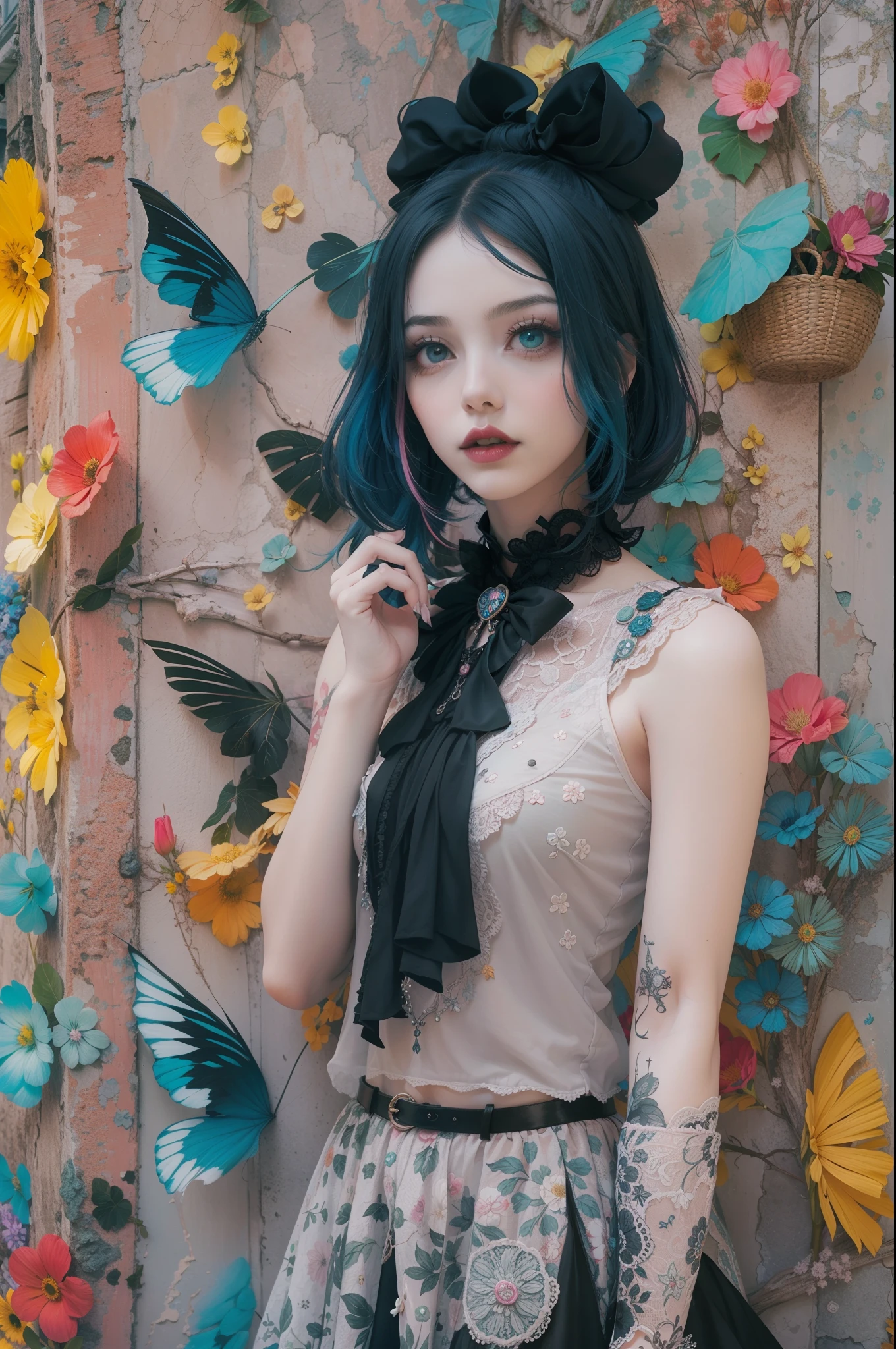 En un hermoso parque una mujer de aspecto moderno. It has a very colorful and striking kawaii gothic style.., con un maquillaje elegante y una peluca colorida.