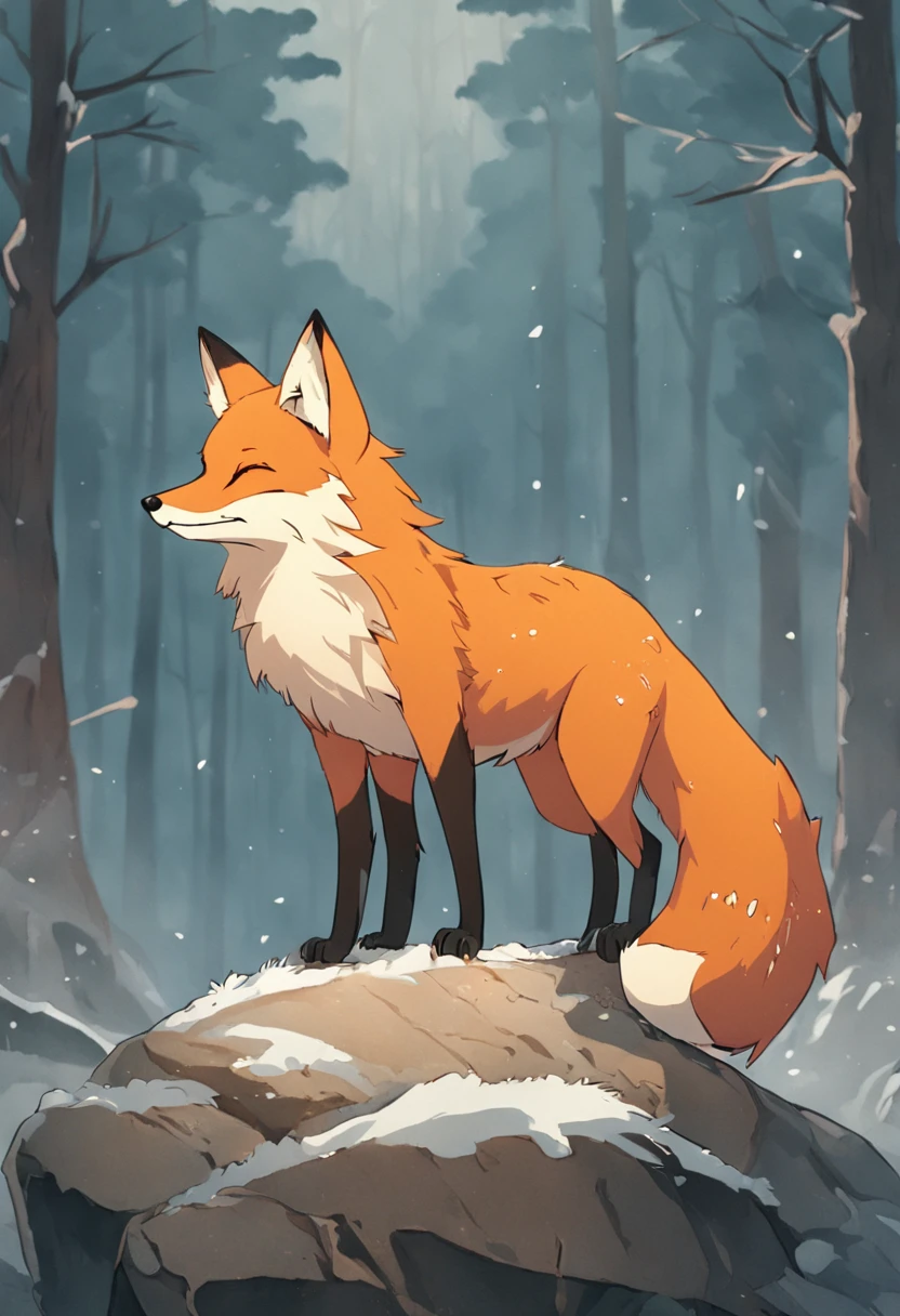 Arafed fox standing on a rock in the snow in a forest, animal raposa, raposa, raposa bonito, Raposas, female fox, stylised fox - like appearance, an anthropomorphic fox, pernas de raposa, uma bela raposa senhora, Parte Raposa, A linda raposa peluda, anthropomorphic fox, Foto de vida selvagem, entre raposas e veados