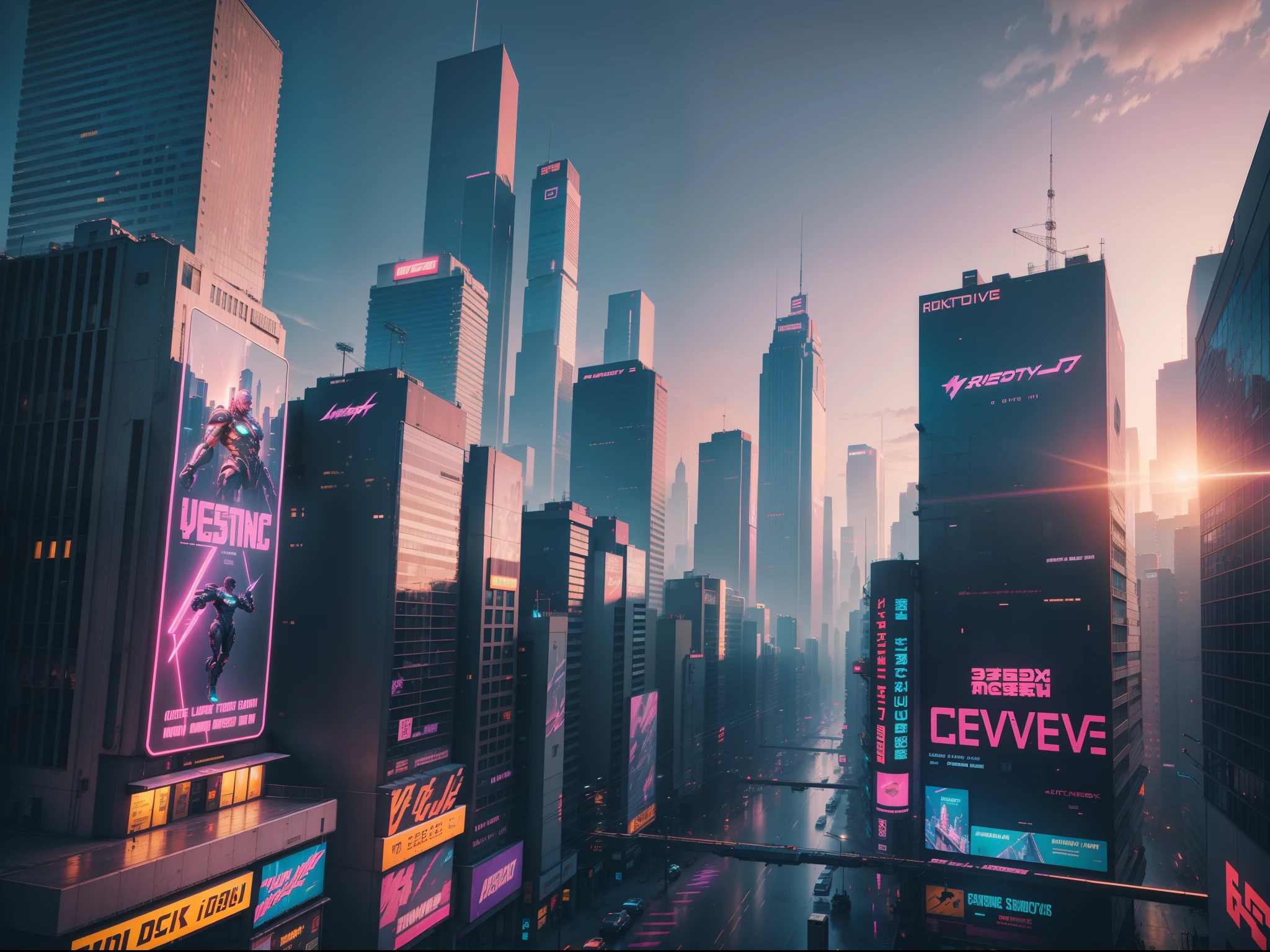 buildings, cyberpunk city , bright, dull, sunset, futuristic, neon, Mega city, giant city, people walking in city, bus, store, facade, neon sign, LCD billboards, flying cars, cyberpunk 2077, cyberwave, synthwave, lens flare, masterpiece, photo realistic, cinematic, intricate detail
