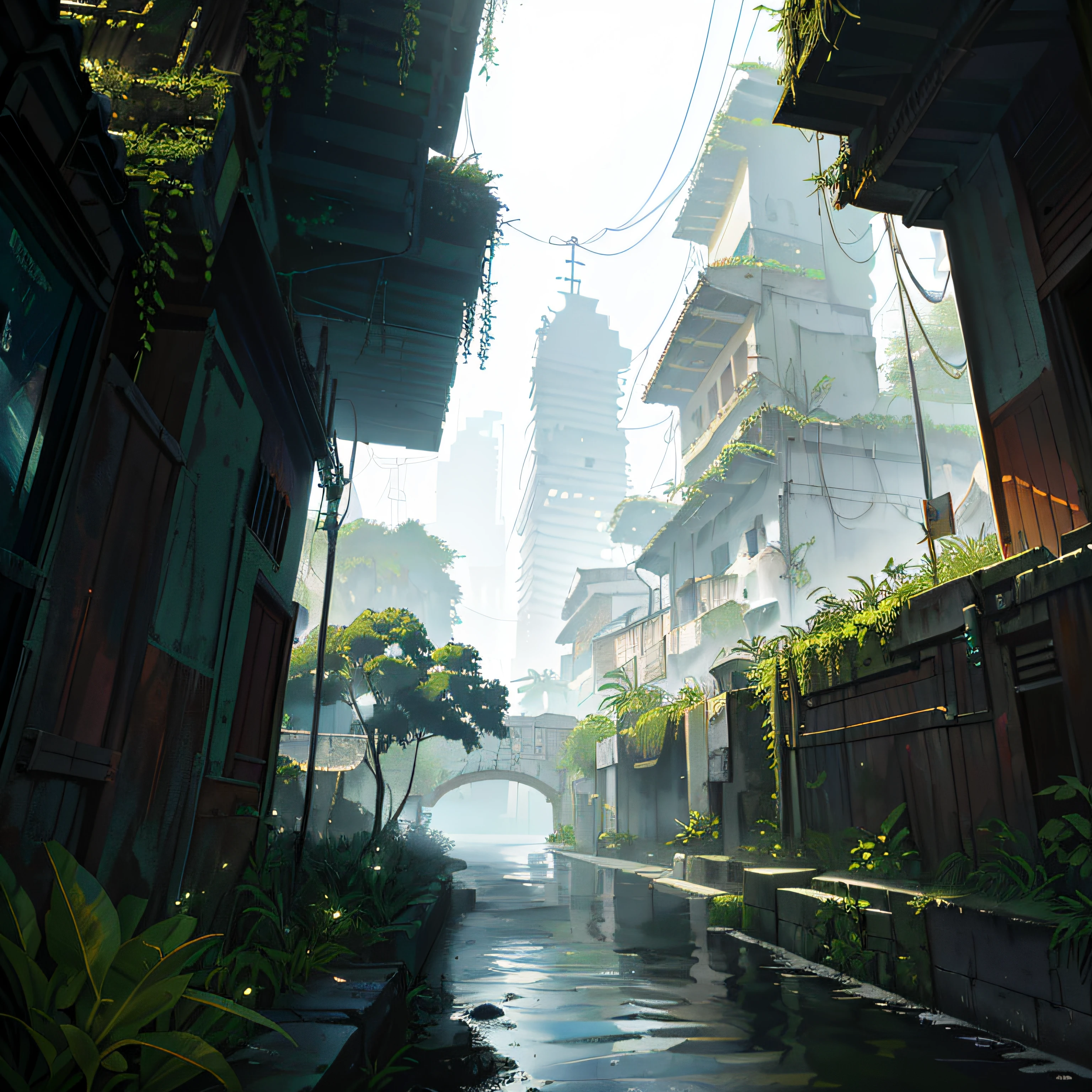 There is a small stream that runs through a narrow alley in a town, folhagem exuberante cyberpunk, in a tropical and dystopic city, arte conceitual urbana, foggy dystopian world, environment design illustration, cidade chinesa sonhadora, Supercrescimento. Por Makoto Shinkai, Meio Ambiente Arte, City covered with vegetation, Pintura de ambientes, digital concept art of dystopian, arte do jogo pintura fosca