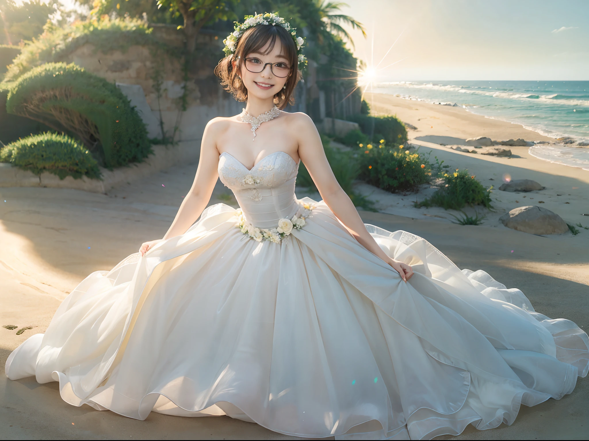 full body Esbian、((lensflare))、((Constricted waist circumference))、((Smiling)),((((27yo)))),(((Smaller bust))))、(((Colorful Wedding Dresses)))、(((Muscle feeling)))、(((photorealisim:6, realisitic)))、browny short hair、Wearing black-rimmed glasses、pale-skinned、looking at the viewers、the beach、coastline、the wind、vague、 8K UHD、Digital SLR、softlighting、hightquality、top-quality、超A high resolution、(Photorealsitic:1.4)、beautiful smiling face, Beautiful detailed sky, 电影灯光, depth of fields, Lens flare light、(A smile:1.15)、(Mouth closed)tiny chest、beautiful finely detailed eyes、Floating hair Nova frog style