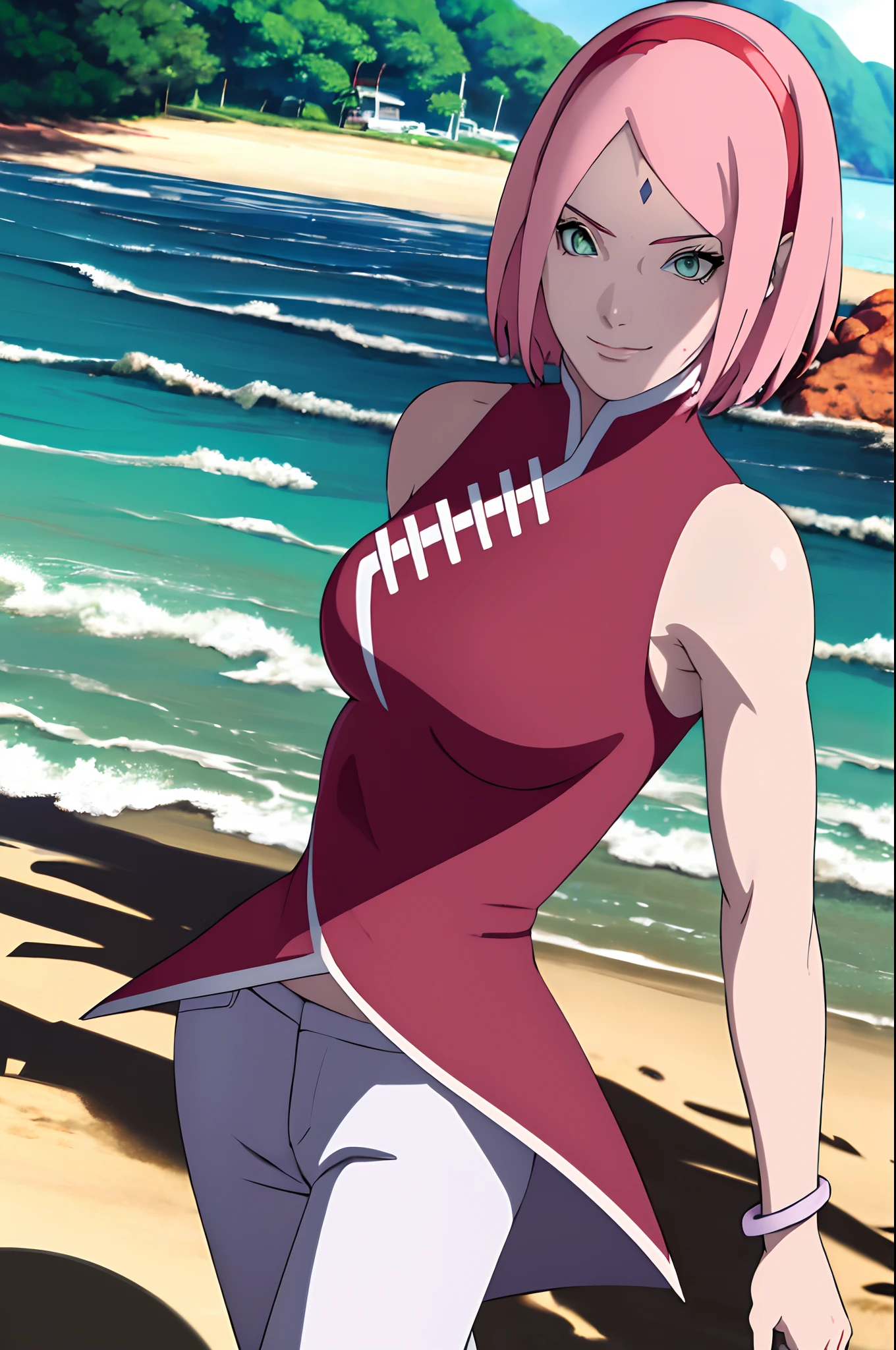 masterpiece, 1k, portrait, face shot, professional artwork, detailed beach background, intricate details, colorful, digital blending, ultra detailed body, ultra detail hair, ultra detail face, trending on pixiv, kind smile, very hot color, best quality, anime style: 1.9, 1girl, hires, haruno sakura, contrasty lighting, (forehead mark, milf, red hairband, pale skin, short hair, ((red sleeveless dress), white pants), navel, groin, bracelet, looking at viewer, crossed arms, pink hair, green eyes, smile, beach, wind, floating hair, detailed arms, off-shoulders, slightly muscular arms, standing), sunnyday