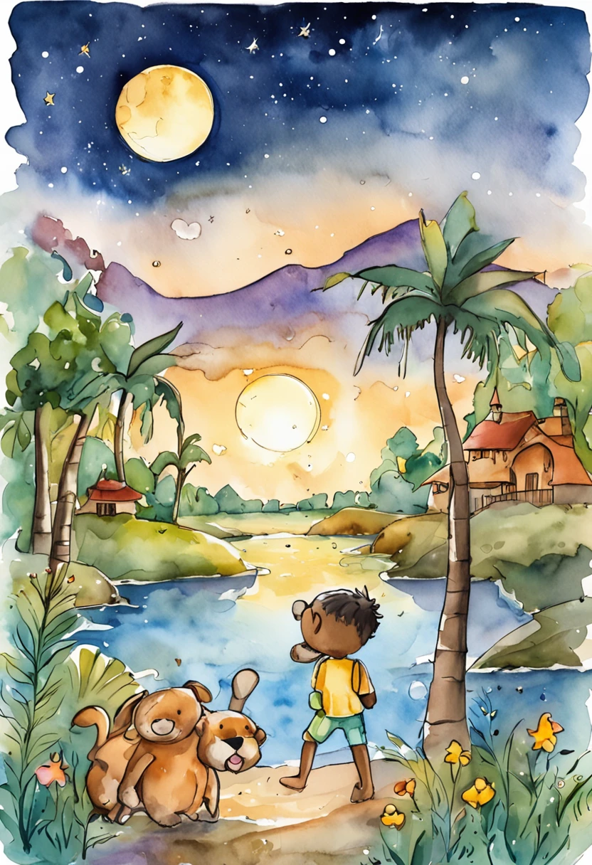 "Crie uma imagem com uma atmosfera encantadora e infantil. Na imagem, inclua dois personagens, um chamado Lucas e o outro chamado Greg, both exploring a night scene full of wonders. Add a starry sky with smiling stars, and put a friendly moon watching the scene with an affectionate look. Ademais, Insert a translucent spirit, Friendly and bright appearance, as a magical guide on the characters' nightly journey. Use a palette of soft and vibrant colors to create a cheerful and magical environment, Perfectly suitable for children. Let your creativity flow and capture the sense of adventure and mystery.