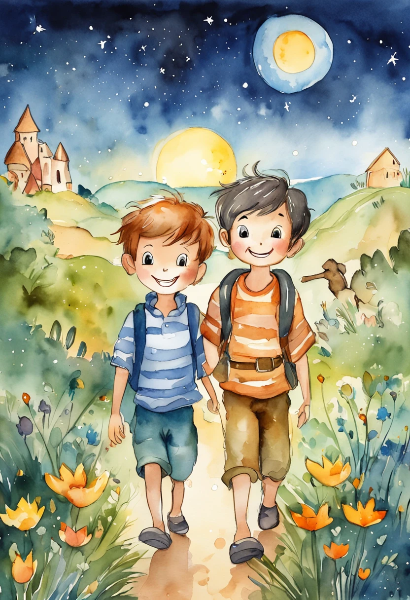 two boys, both exploring a night scene full of wonders. Add a starry sky with smiling stars, and put a friendly moon watching the scene with an affectionate look. Ademais, Insert a translucent spirit, Friendly and bright appearance, as a magical guide on the characters' nightly journey. Use a palette of soft and vibrant colors to create a cheerful and magical environment, Perfectly suitable for children. Let your creativity flow and capture the sense of adventure and mystery.
