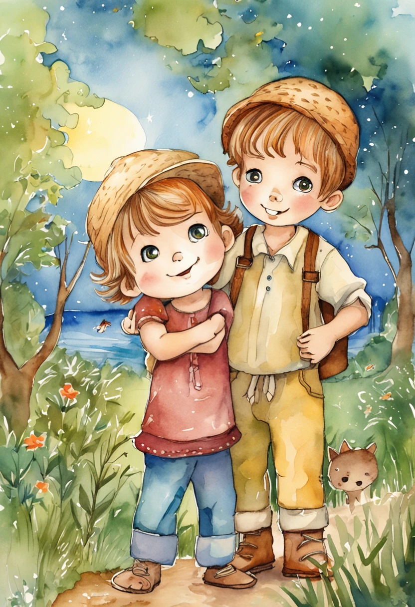 "Crie uma imagem com uma atmosfera encantadora e infantil. Na imagem, inclua dois personagens, um chamado Lucas e o outro chamado Greg, both exploring a night scene full of wonders. Add a starry sky with smiling stars, and put a friendly moon watching the scene with an affectionate look. Ademais, Insert a translucent spirit, Friendly and bright appearance, as a magical guide on the characters' nightly journey. Use a palette of soft and vibrant colors to create a cheerful and magical environment, Perfectly suitable for children. Let your creativity flow and capture the sense of adventure and mystery.