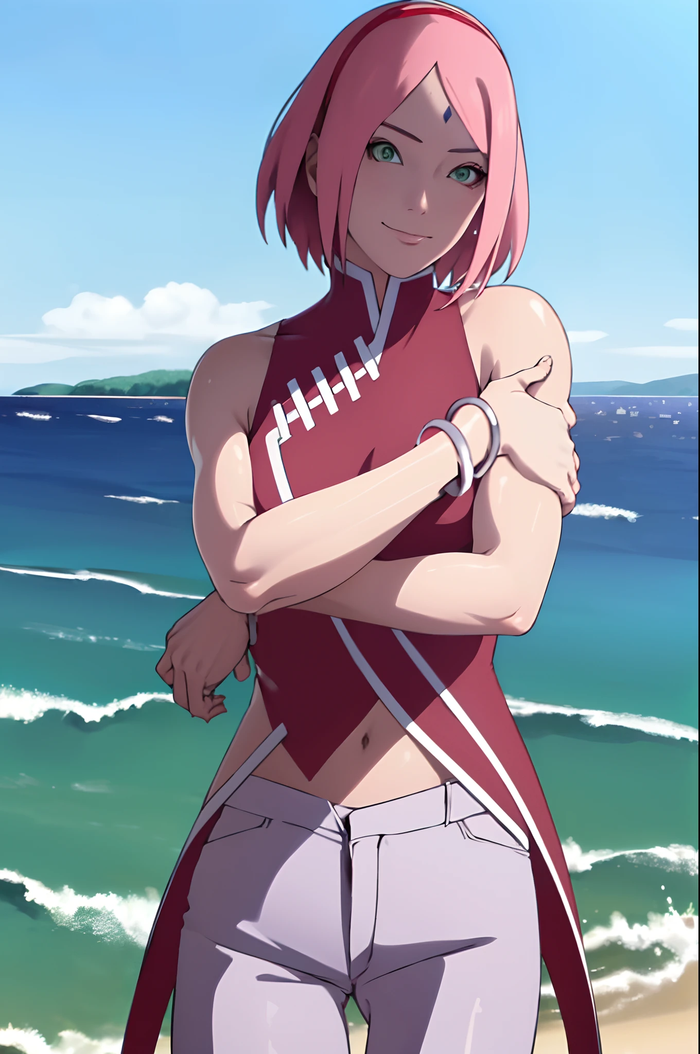 masterpiece, 1k, portrait, face shot, professional artwork, detailed beach background, intricate details, colorful, digital blending, ultra detailed body, ultra detail hair, ultra detail face, trending on pixiv, kind smile, very hot color, best quality, anime style: 1.9, 1girl, hires, haruno sakura, contrasty lighting, (forehead mark, milf, red hairband, pale skin, short hair, ((red sleeveless dress), white pants), navel, groin, bracelet, looking at viewer, crossed arms, pink hair, green eyes, smile, beach, wind, floating hair, detailed arms, off-shoulders, slightly muscular arms, standing), sunnyday