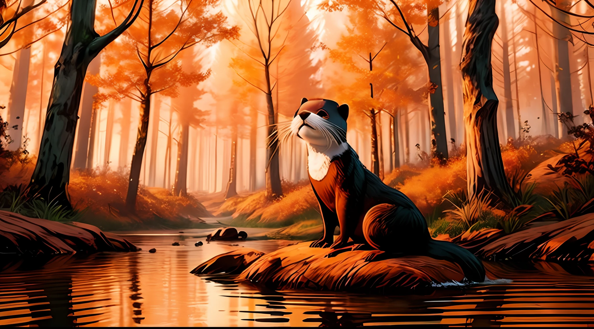 pintura de uma raposa sentada em uma rocha em uma floresta, inspirado em Marten Post, painting digital adorable, anthropomorphic furry otter, pintura digital altamente detalhada, pintura digital altamente detalhada, fantasia otter amor, stylized as a 3d rendering, river otter dragon, pintura digital muito detalhada, 3d rendering stylized, pintura digital detalhada