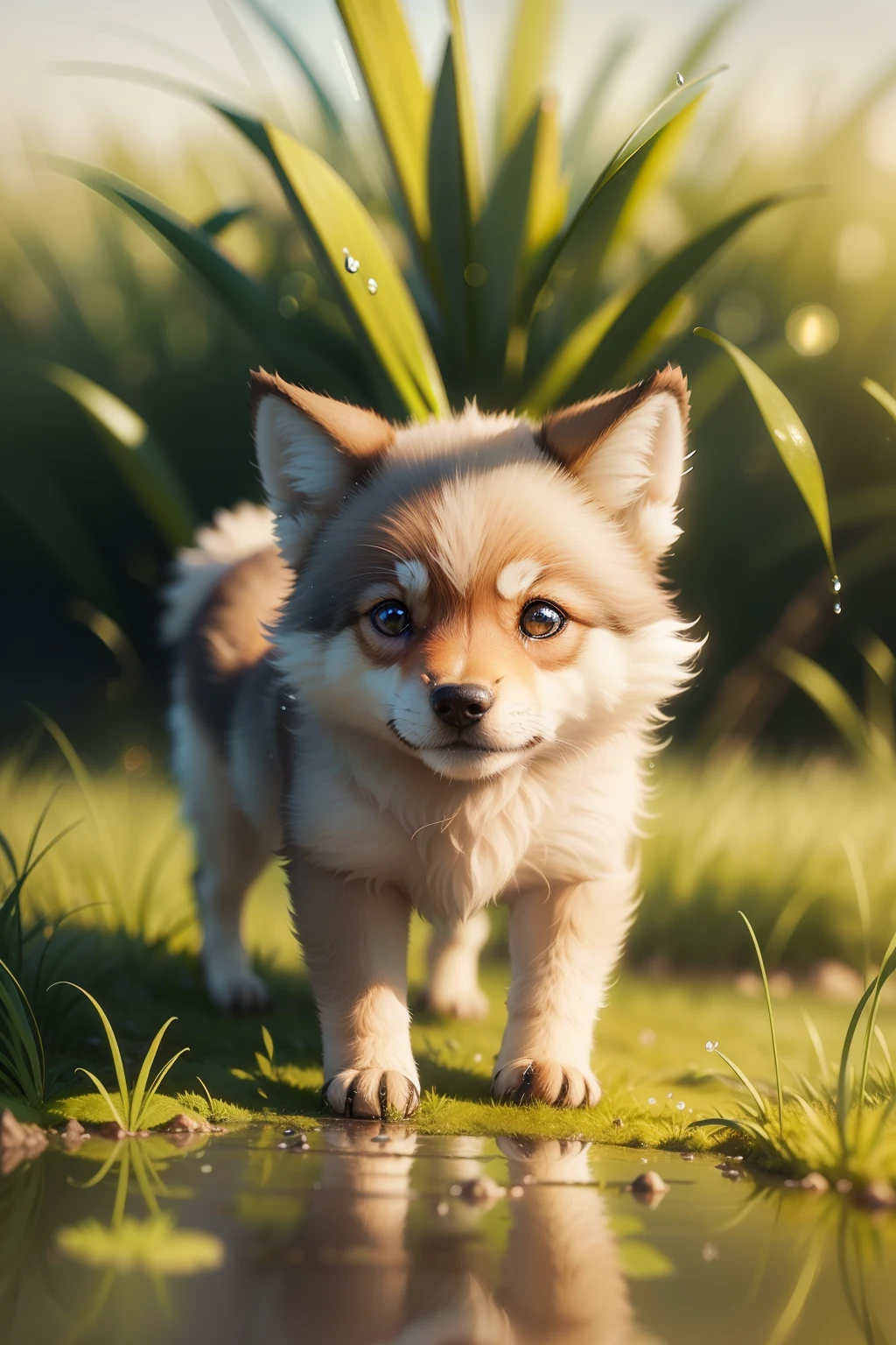 Early morning atmosphere, beautiful natural landscape, thick grass, macro photography in the grass, dew drops with reflection, macro photography of a cute wolf, macro photography
